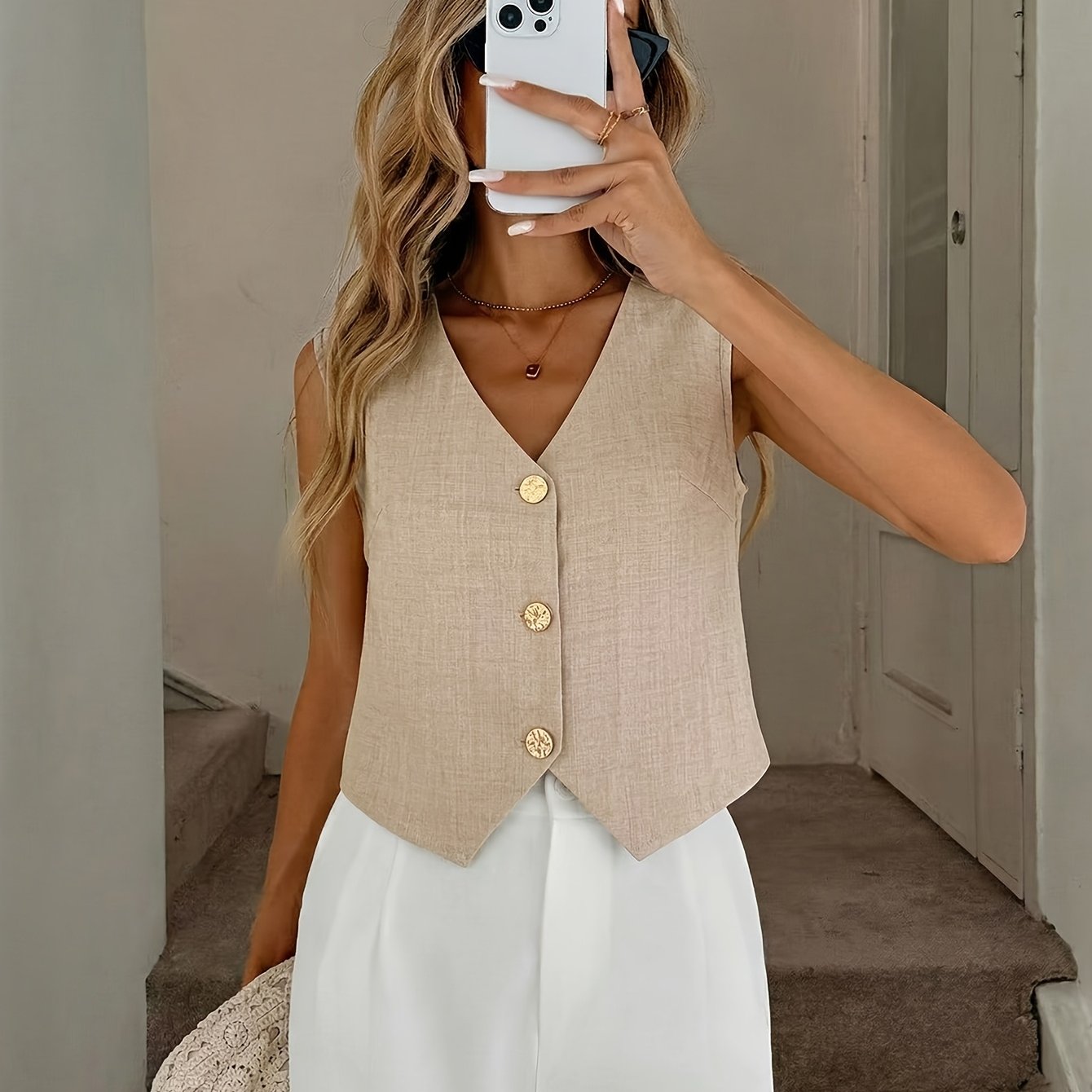 E-shop Damen Khaki Französische Retro-Weste, V-Ausschnitt mit goldenen Knöpfen geraffter Taille, als tragbarer Stil, sommerliches, leichtes,