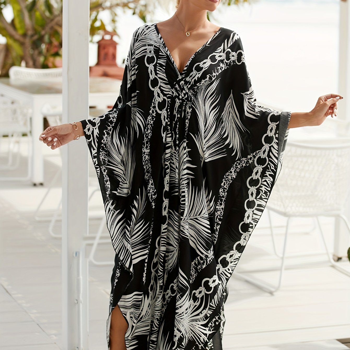 Plus Size - Plus Size - Casual V-neck Batwing Sleeve Maxi Dress For Women, Featuring A Boho And Side Split, Perfect For Beach