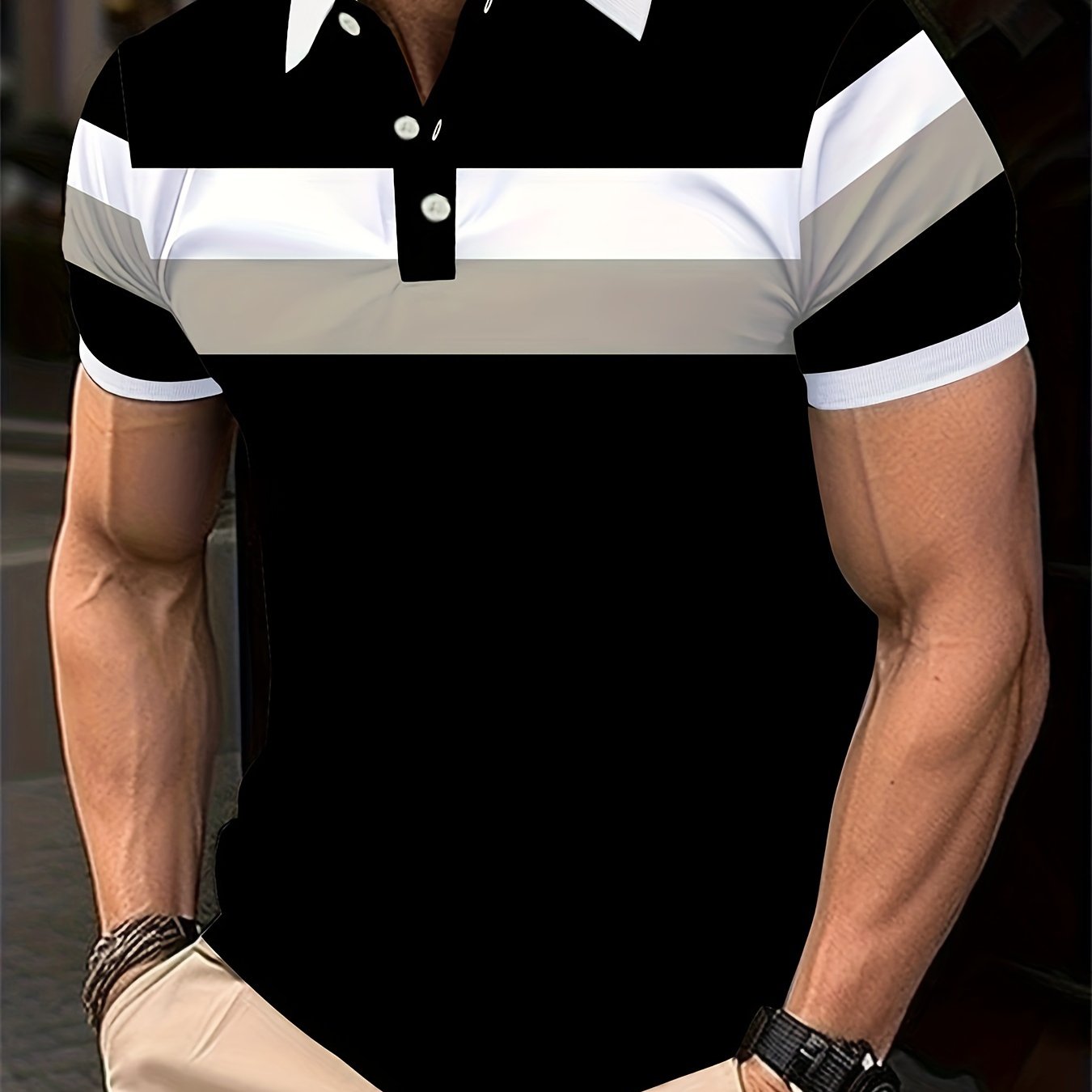 TEMU Men's Shirt With Summer White, Black, And Pink Striped Design, Featuring Short Sleeves, Contrasting Cuffs With White Trim, And -button Collar.
