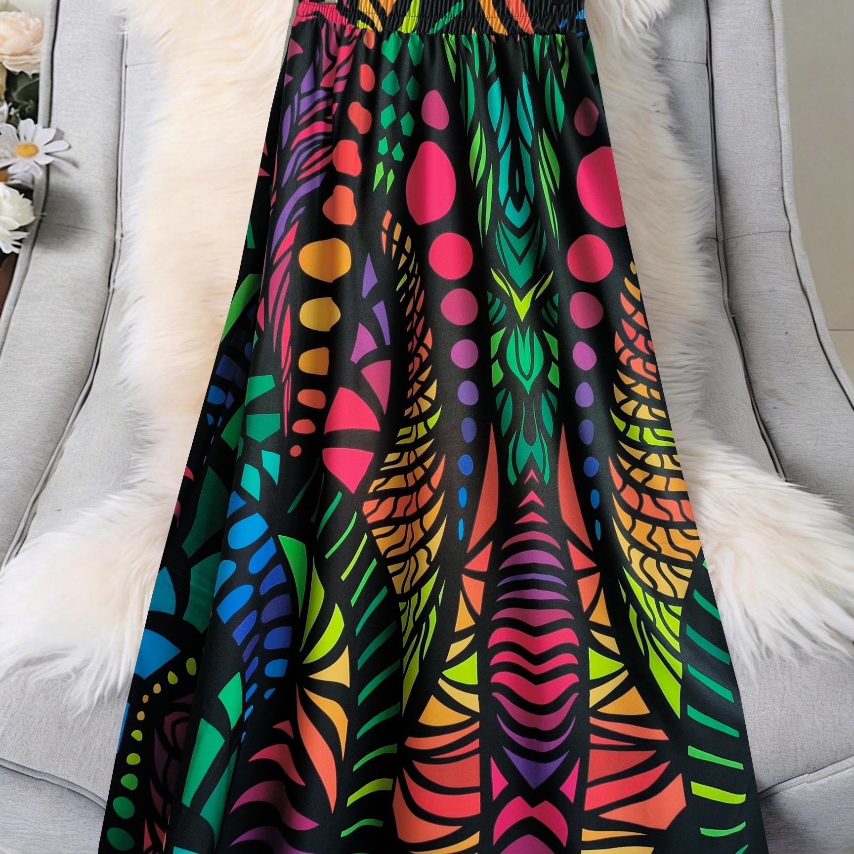 TEMU Ladies' Spring-summer New Floral Print Elastic Waist A-line Long Skirt | Elegant Vacation Beach Skirt With Color Block Details