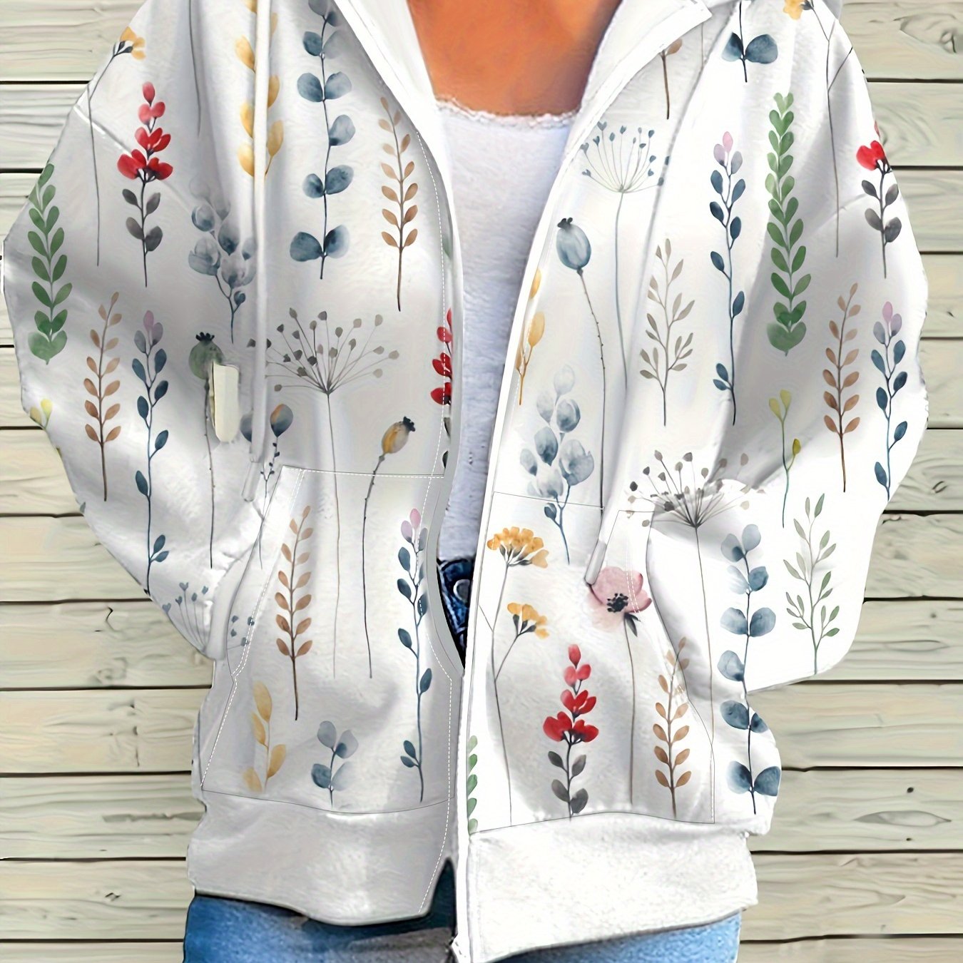 TEMU Floral Print Zip Up Hoodie, Casual Long Sleeve Loose Outwear With Pocket, Women's Clothing