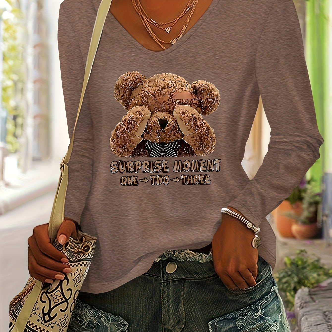 TEMU Cute Bear Print Women's Autumn/winter Top, Daily Versatile Casual Fashion Colored V-neck Long Sleeve T-shirt