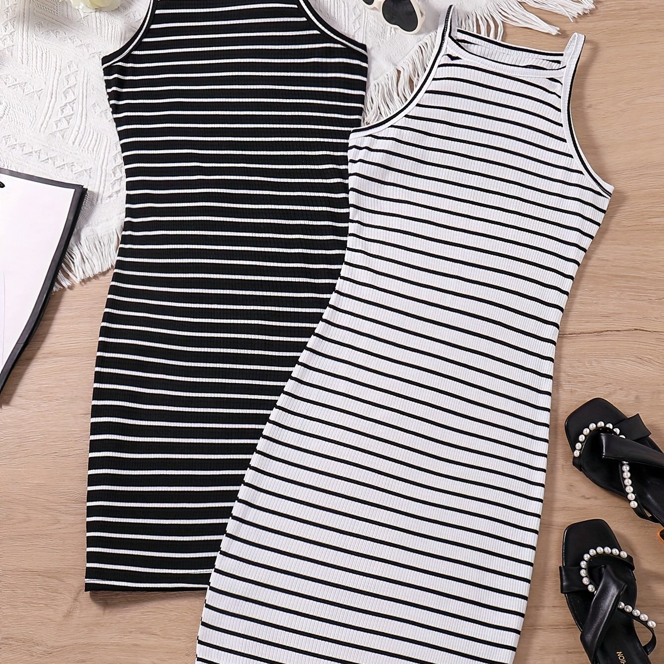 Girls' Striped Slim-fit 2pcs Spaghetti Suspender Dress Set
