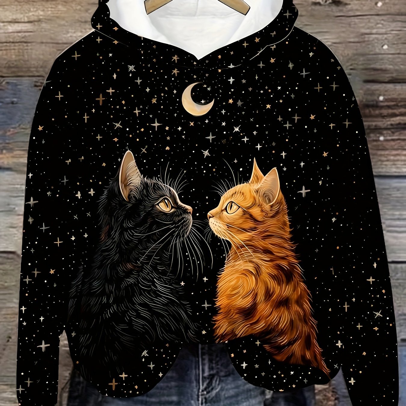 TEMU Starry Night Cats Print Hoodie - Casual Polyester Knit Pullover With Hood, Long Sleeve Animal Pattern Hooded Sweatshirt For All