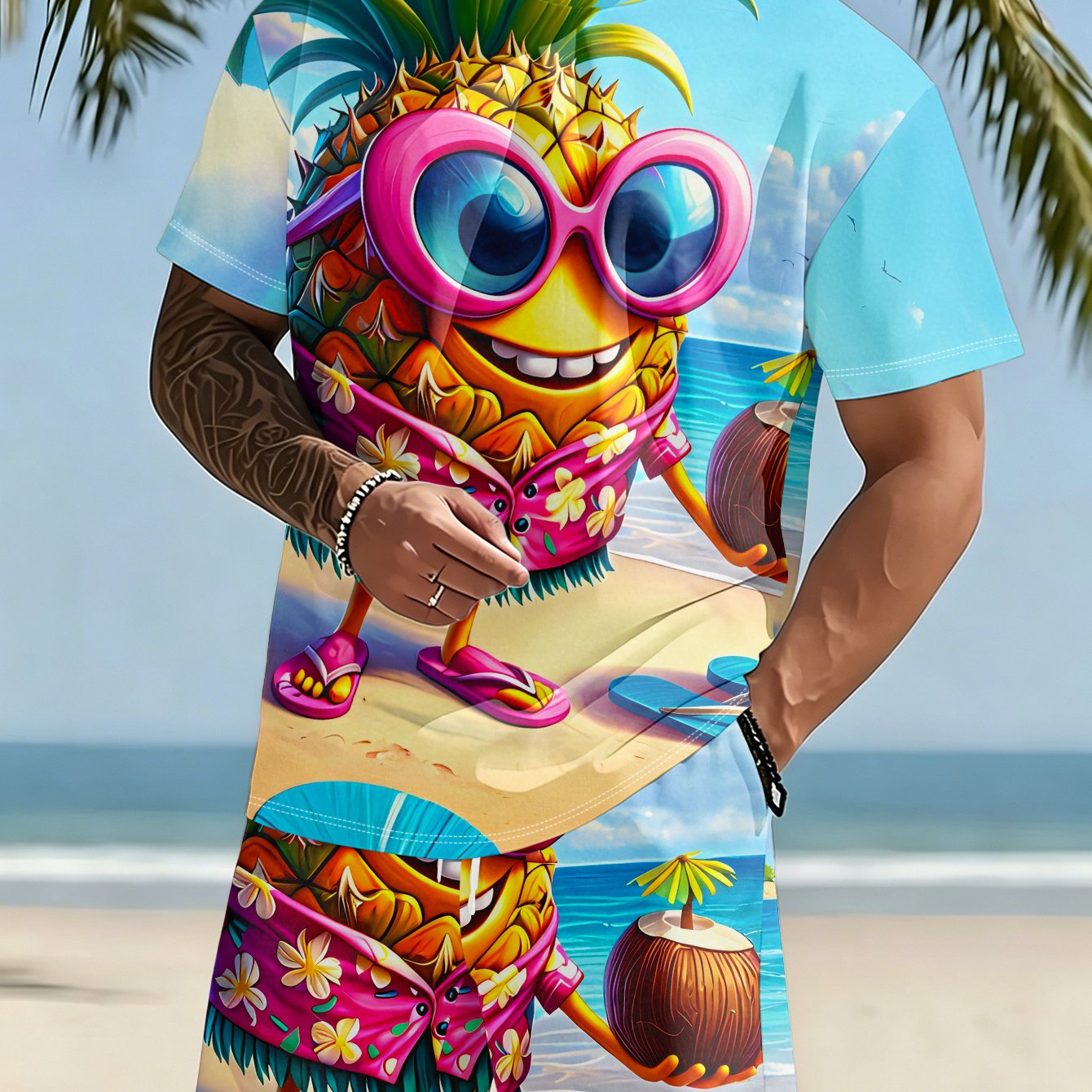 TEMU Men's Casual T-shirt And Shorts Set, Pineapple Man With Pink Glasses On The Beach, Holding Coconut And Wearing Floral Shirt, Slipper Print On