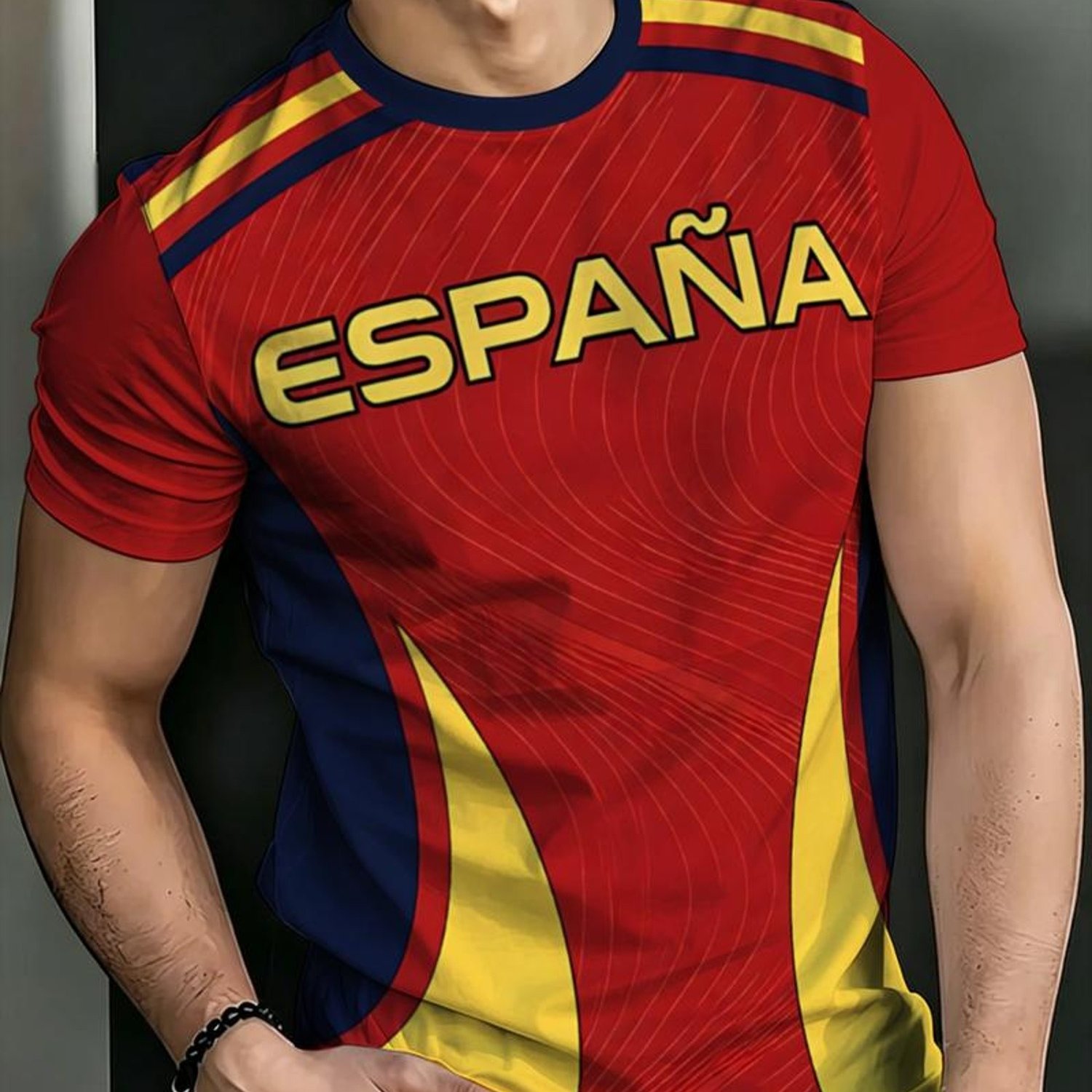 TEMU Camiseta de Estilo Selección , Ilustración Deportiva con Españolas, Combinación con Rayas Finas y Degradado , Ropa Casual de para Hombre,