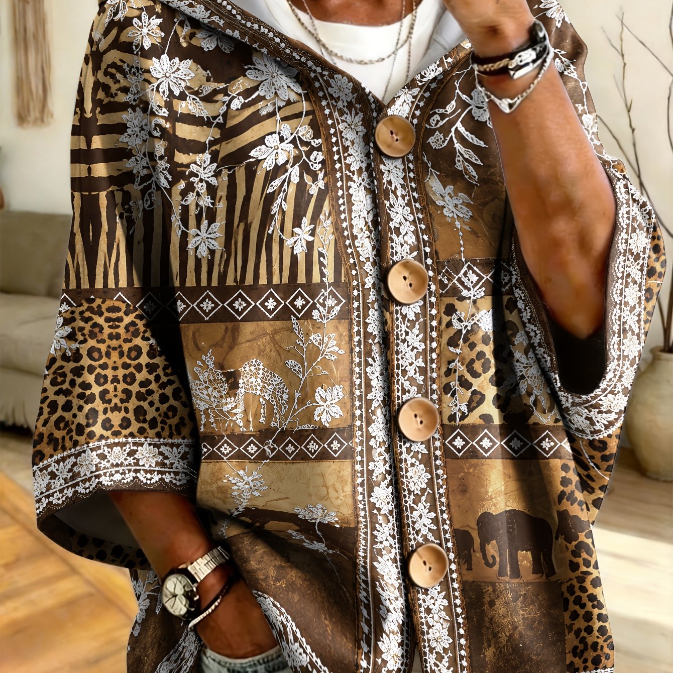 TEMU Plus Size - African Print Plus Size Hooded Sweatshirt, Leopard Elephant Print With Wood Buttons. Western Vintage Style Loose Fit, Ethnic Couple