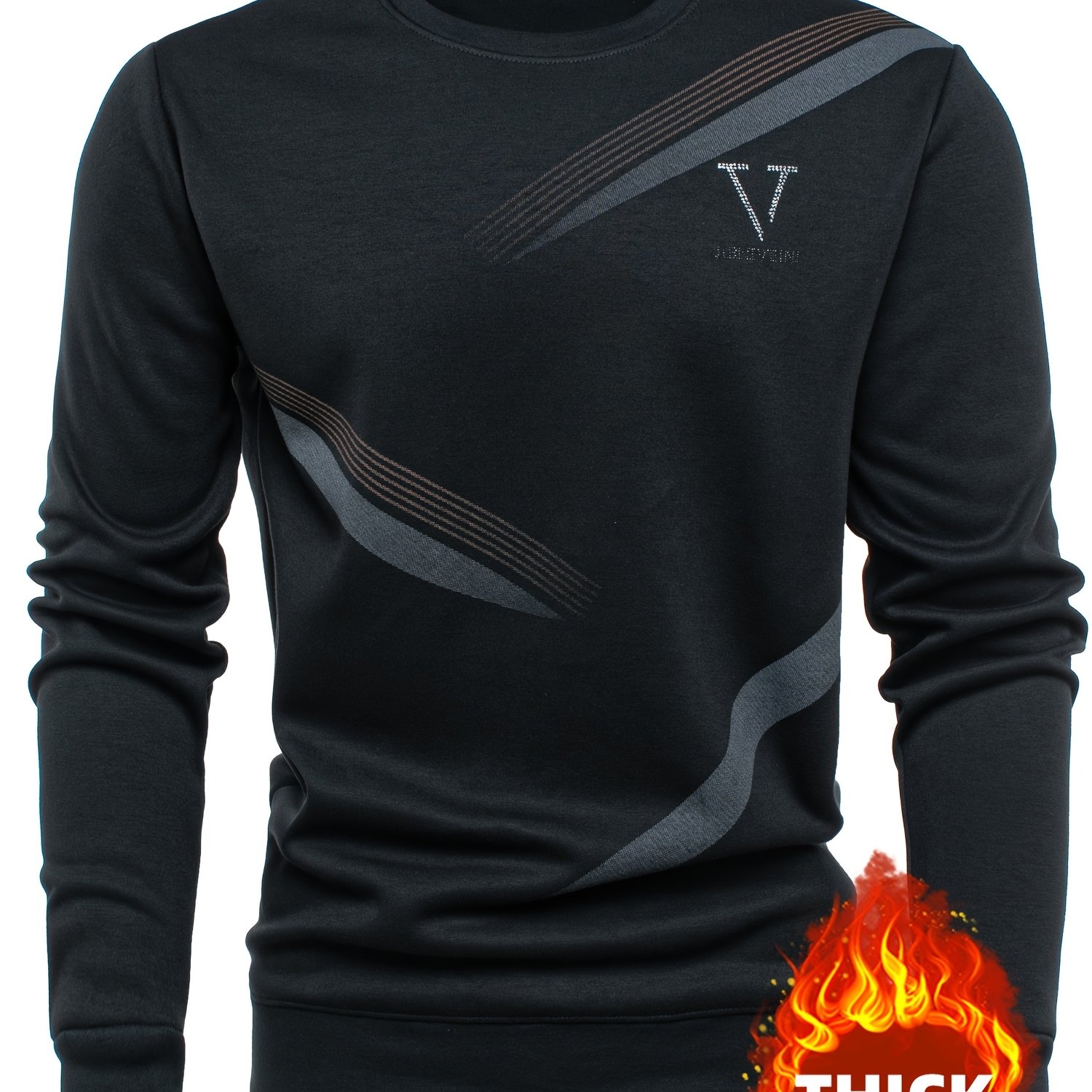 Autumn-winter New Fleece-lined Men's Long-sleeve Round Neck Sweatshirt With Diagonal Stripes And Letter Decoration, Soft Warm Casual Trendy Style For Daily Wear, Perfect Gift