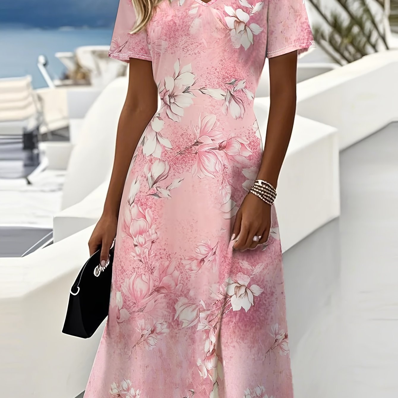 Spring And Summer Romantic Pink Floral Print Midi Dress For Women, Short-sleeved V-neck With Waist Cinching, Elegant Outfit For Travel And Photo Taking, Dress