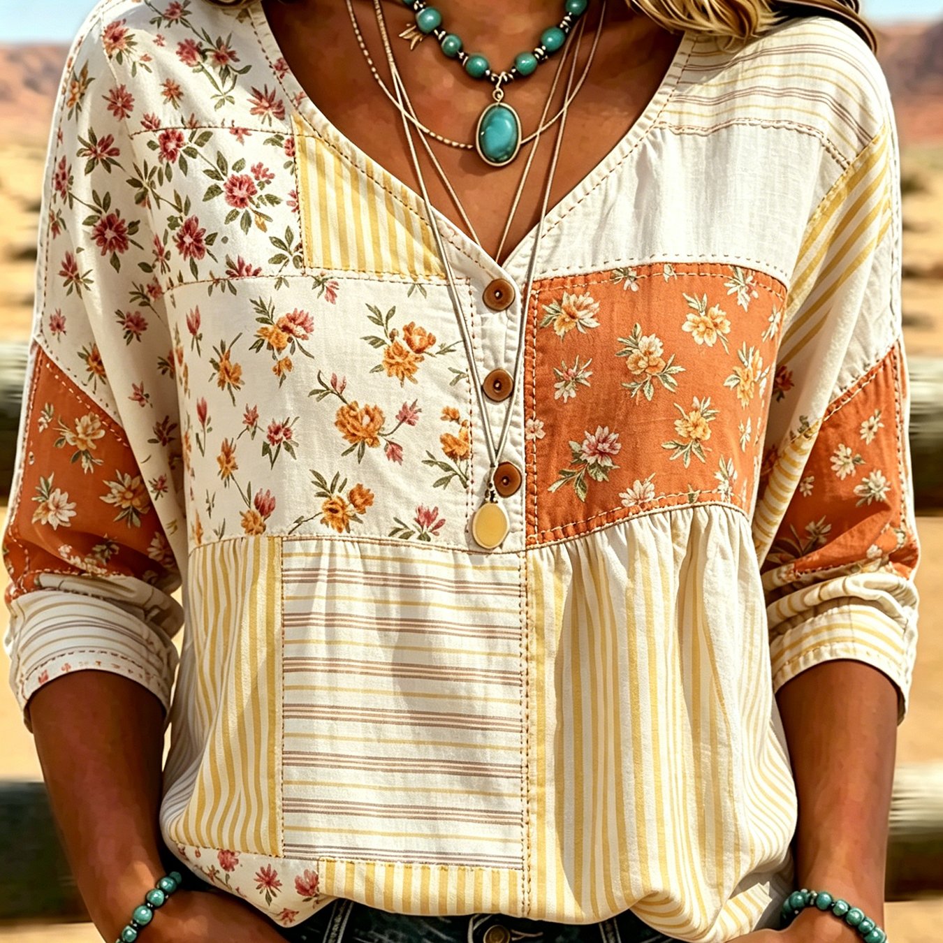 Women's Bohemian Floral Print Babydoll Shirt - Loose V-neck Half-sleeve Blouse Button Blouse Button-front Shirt, Opaque Suitable For Casual & Semi-formal Wear, Machine Washable Outfits For