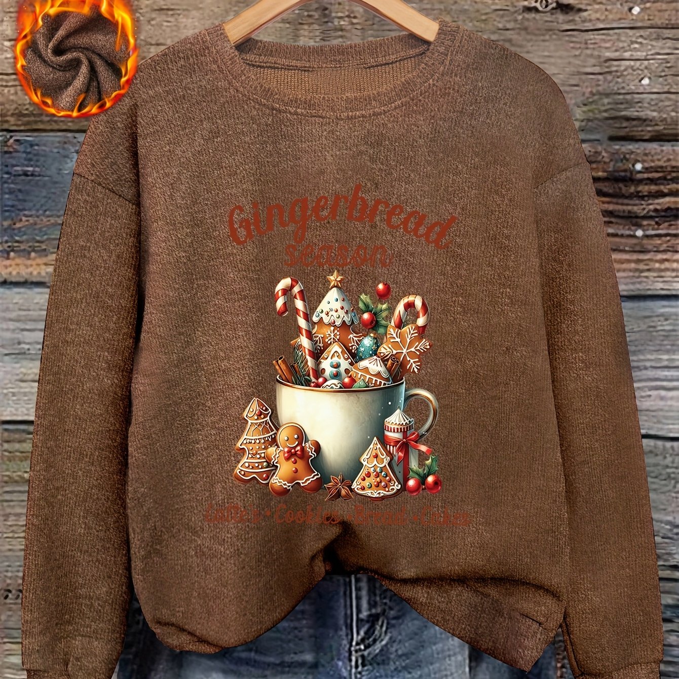 TEMU Women's Gingerbread & Gingerbread House Print Sweater - Cozy Round Neck Long Sleeve , Soft Brown Pullover With Gingerbread Men & Gingerbread