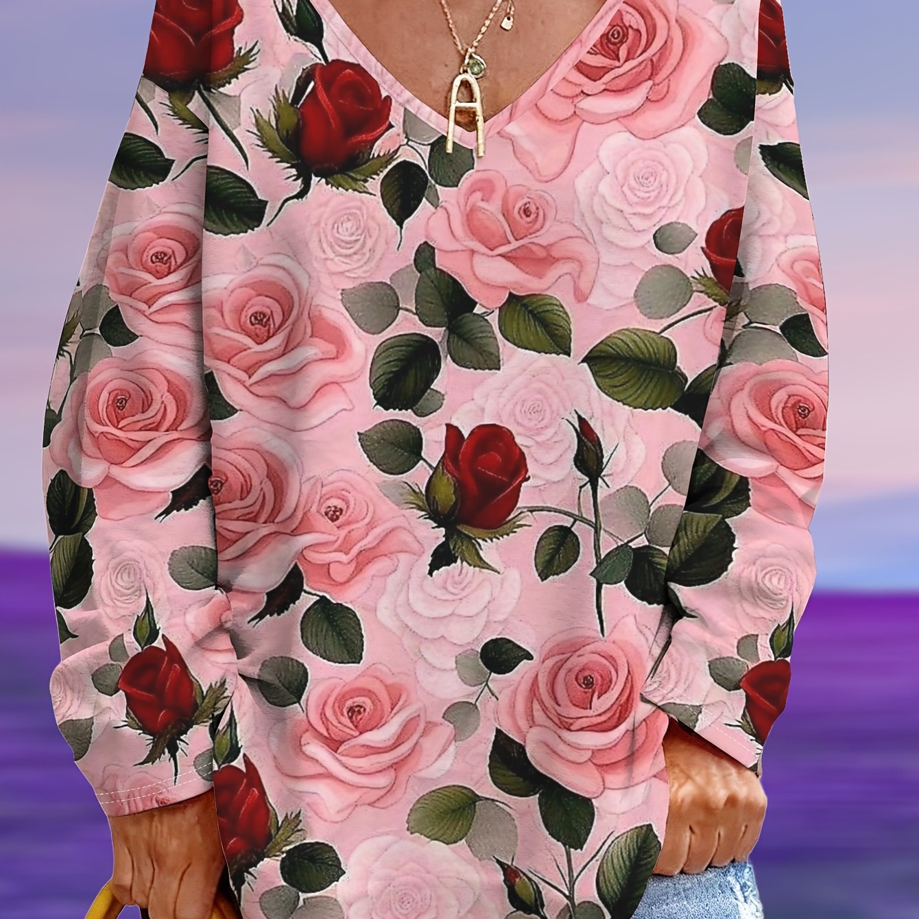 TEMU Plus Size - Plus Size - Plus Size Women's V-neck Long Sleeve T-shirt In Pink Rose With A Loose Fit And Floral Print