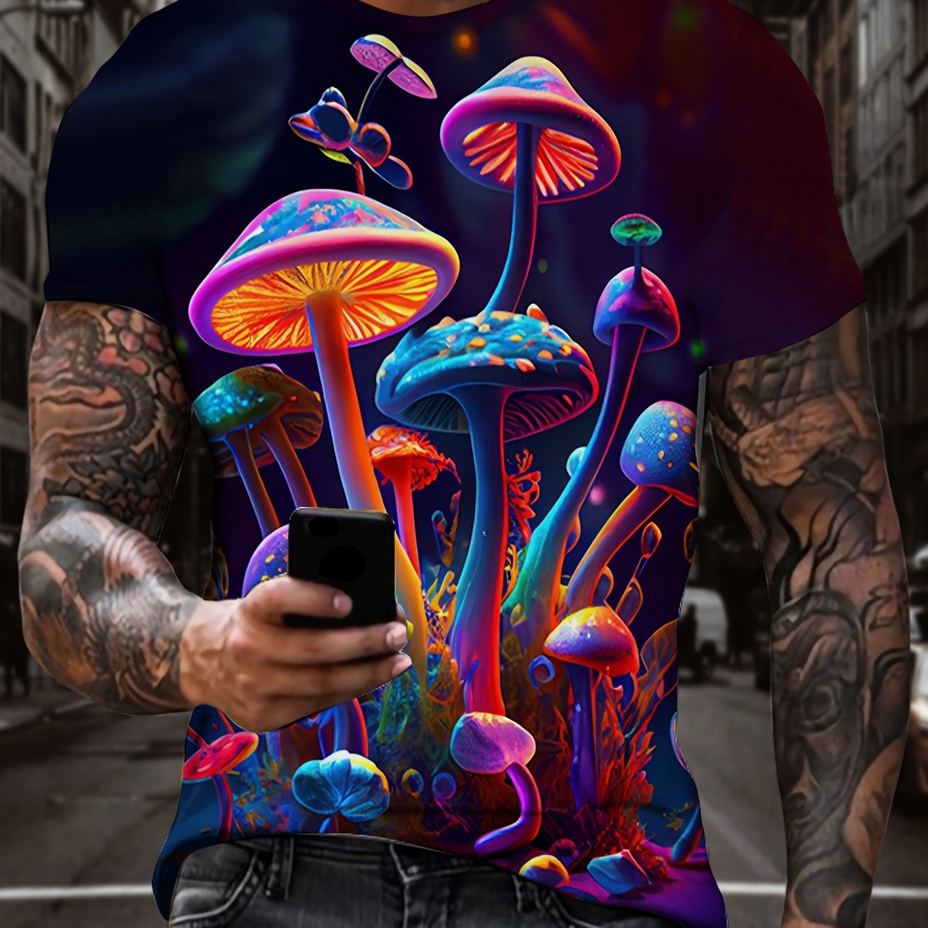 Image of Colorful And Vibrant 3d Print Mushroom Pattern Men's T-shirt For Casual, Unique Hip-hop Party Streetwear