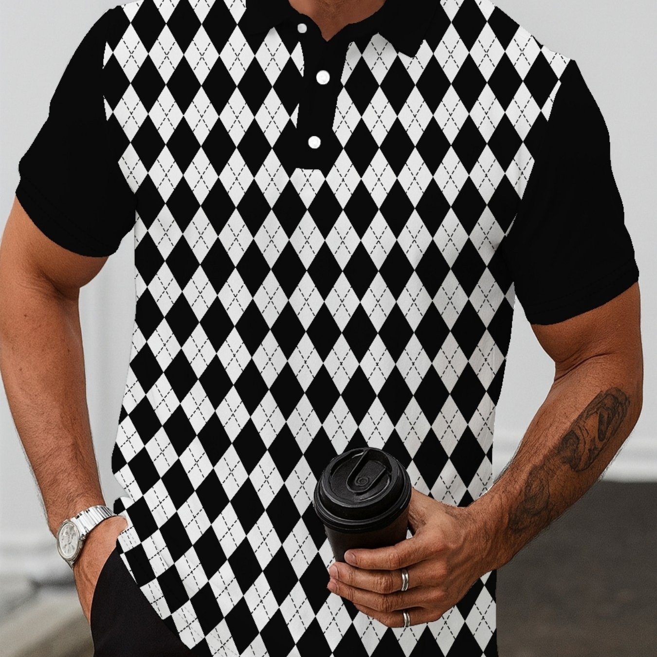 TEMU Casual Printed Shirt, Men's Style, Geometric , Sporty Look, Summer Short Sleeve, Plus Size