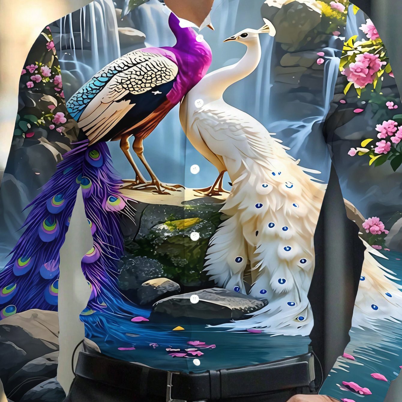 TEMU 2026 's Long Sleeve Shirt, Peacock Waterfall Print Top, Stylish Versatile Casual Business Shirt, Machine Washable