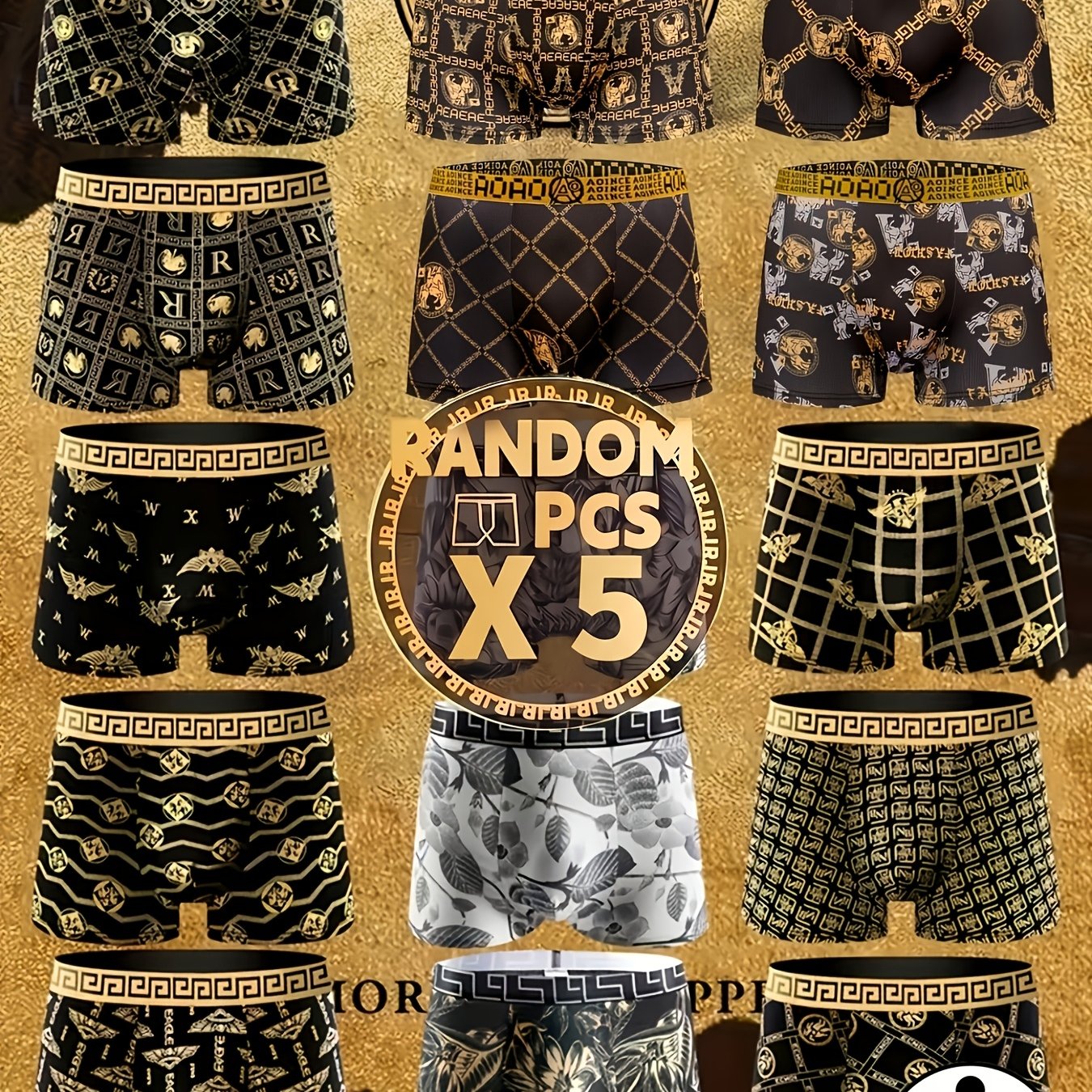 TEMU [BROVANIC] 5 boxers pour hommes avec imprimés de luxe aléatoires, imprimé haut de gamme luxueux, tissu et pour , légers, confortables et couture