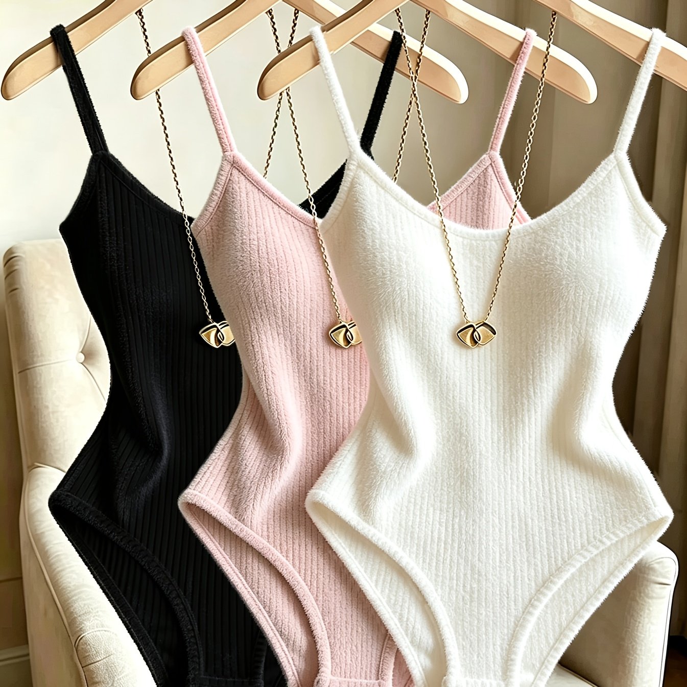 TEMU 3pcs Women's Ribbed Bodysuit, Fuzzy Bodysuit, Elegant Vacation And Beach Bodysuit