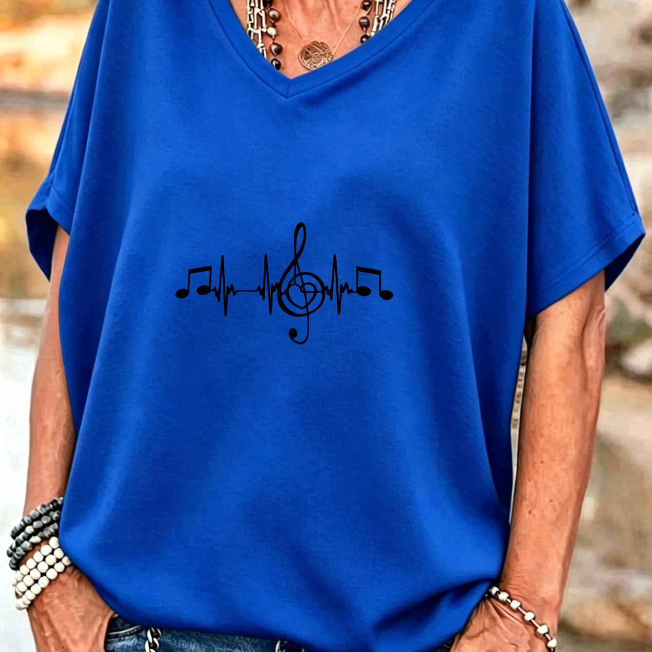 TEMU Plus Size Women's V-neck Batwing Sleeve T-shirt Music Note Heartbeat Treble Clef Print Oversized Curvy Casual Blouse Musician For Concert Daily