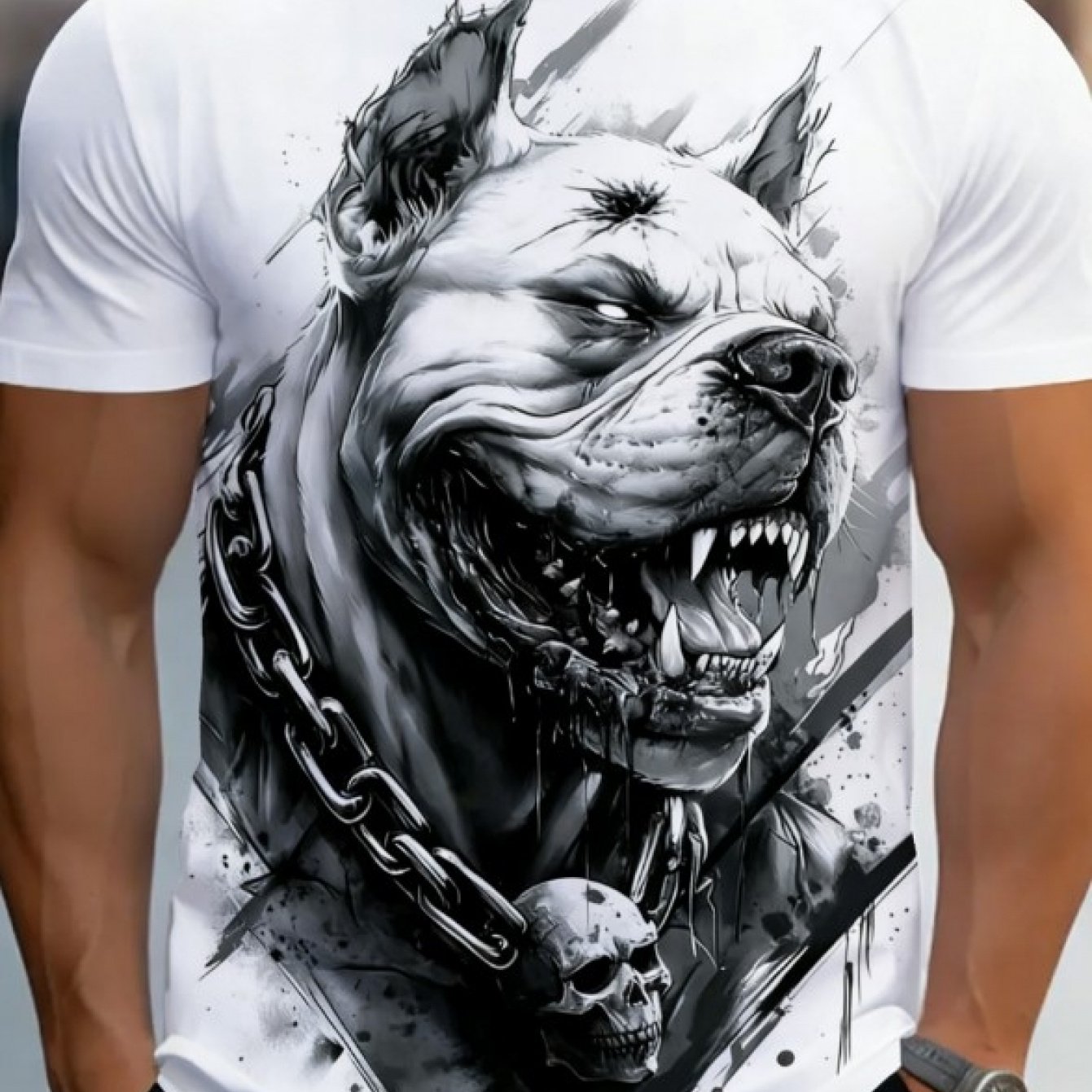 TEMU [print Design-not Textured] - - Men's Bulldog Print T-shirt, Street Style Tee Featuring Bulldog Face, Chain, And Similar Dog Breed Patterns