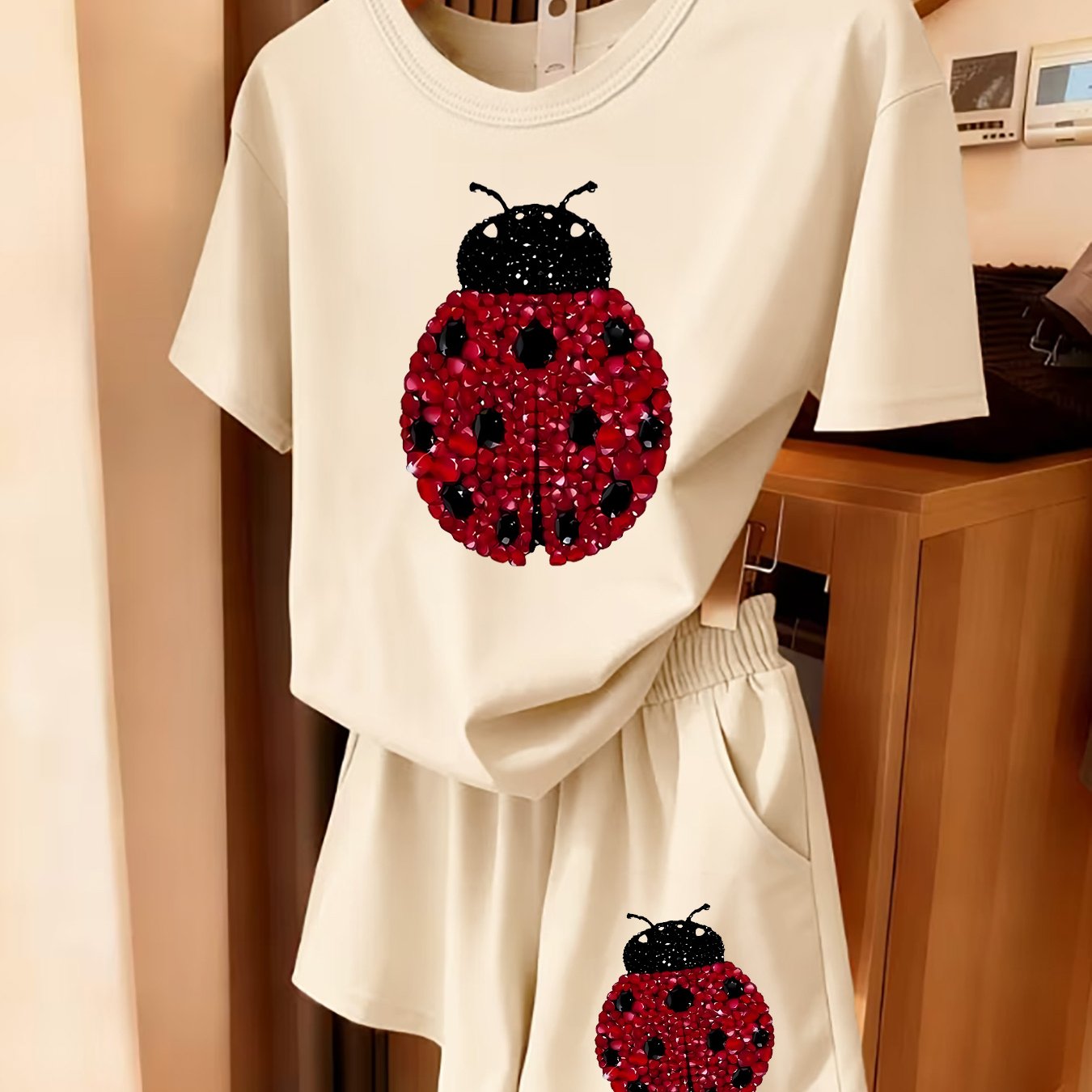 TEMU 2pcs Women' Rhinestone Ladybug Print Short Sleeve & Shorts Matching Outfit - Soft Breathable Pajamas/jogging Wear For Spring Summer Sleepwear,