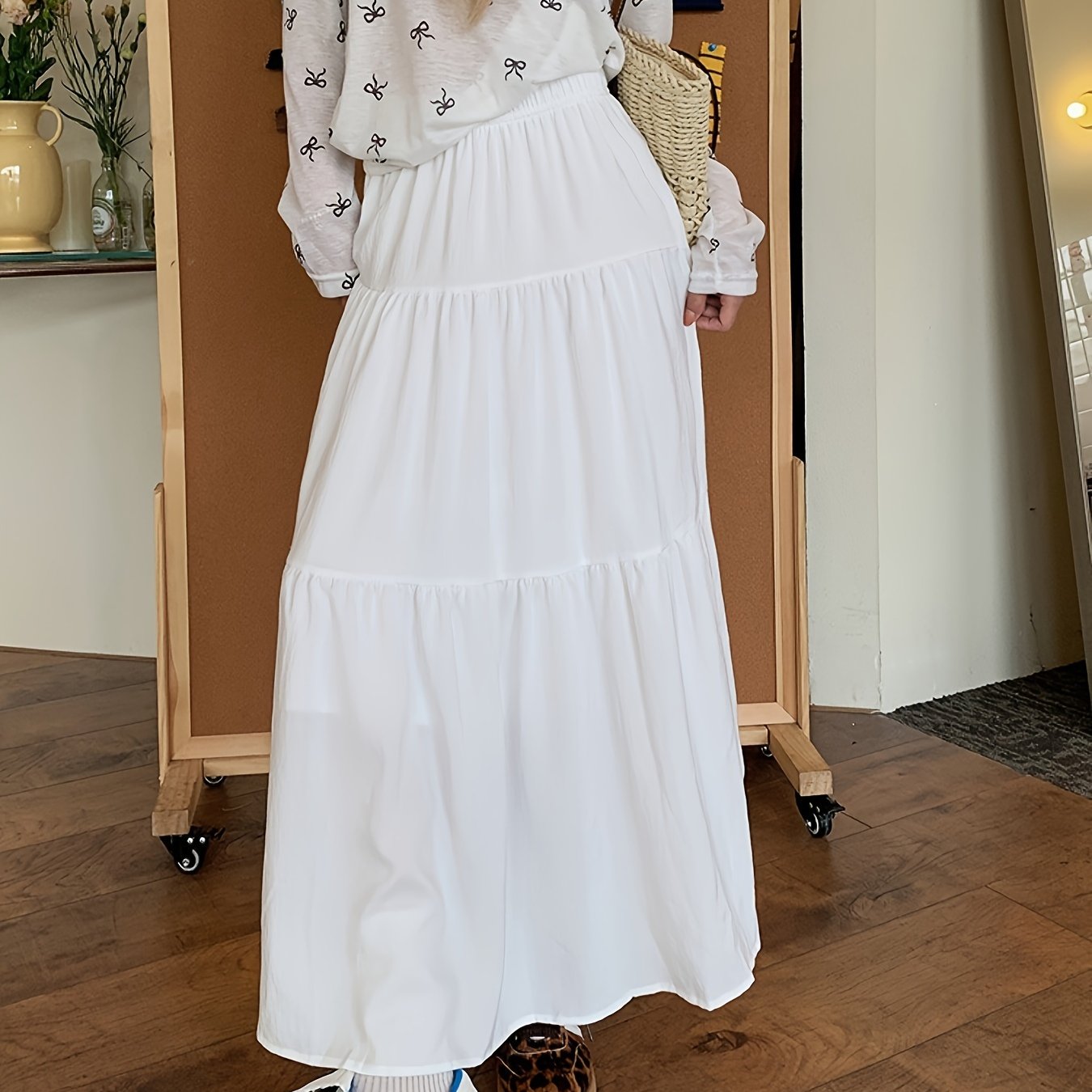Image of Spring And Autumn Women's High-waisted Versatile White Midi Skirt With Elastic Waistband And Lining, Black Skirt, Beach Party Midi Skirt
