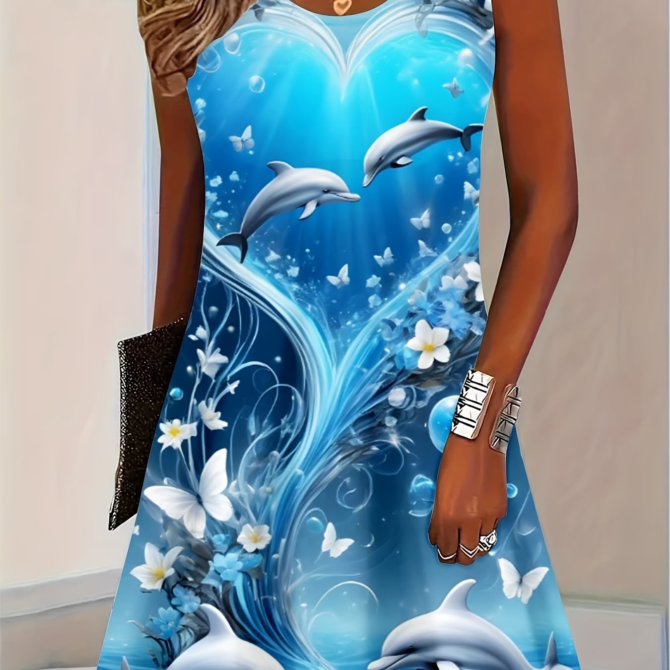 TEMU Printed Design - Plain Texture Women's Dolphin And Floral Print Sleeveless Dress, Ocean Theme, Beach Vacation Casual Wear