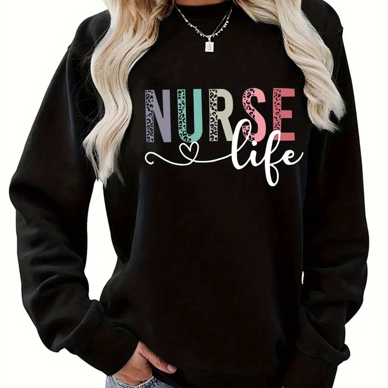TEMU Fashionable Printed Sweatshirt For Women In Autumn And Winter, Featuring Colorful Letter Designs