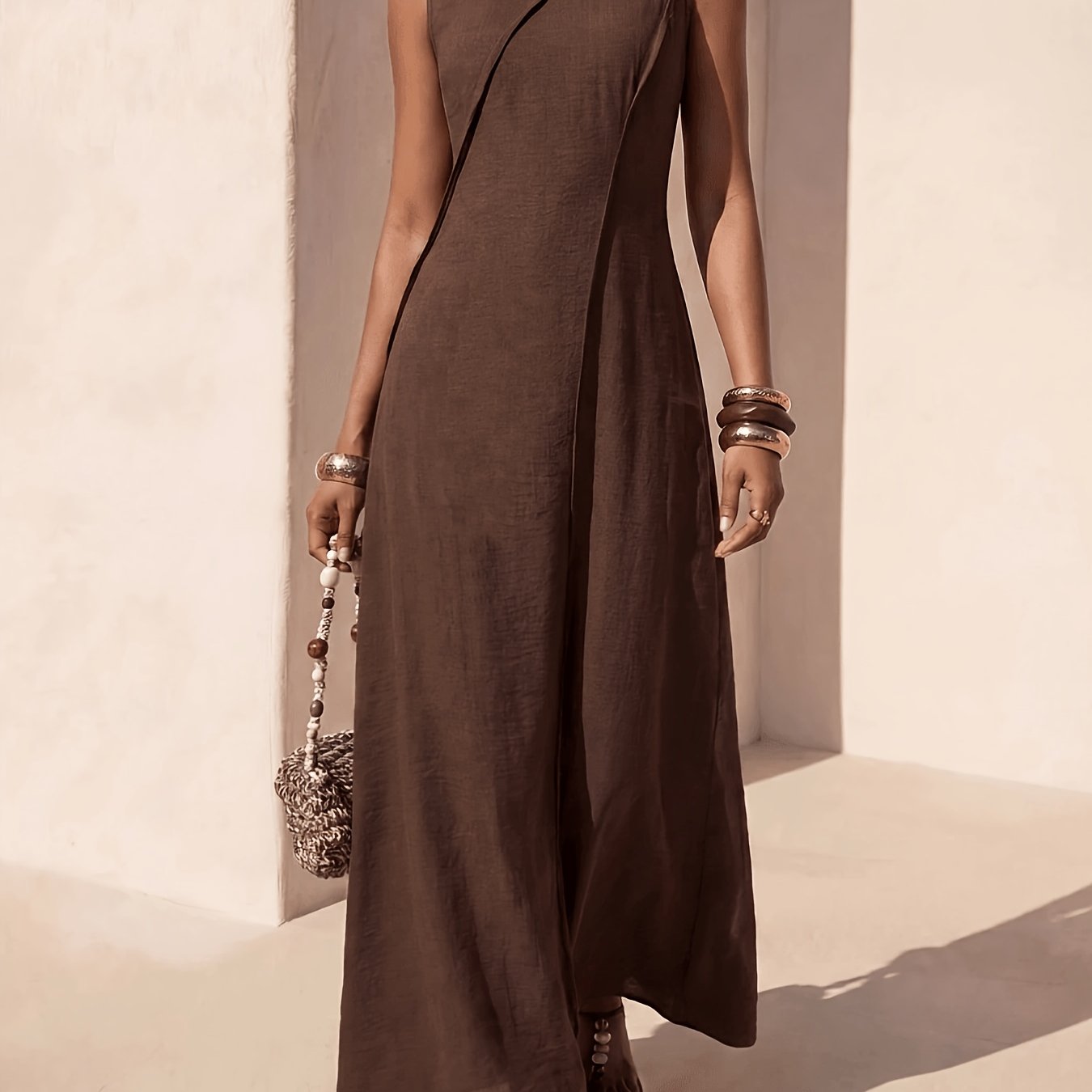 TEMU Women's Elegant Round Neck Front Sleeveless Back Zipper A-line Spring/ Dress