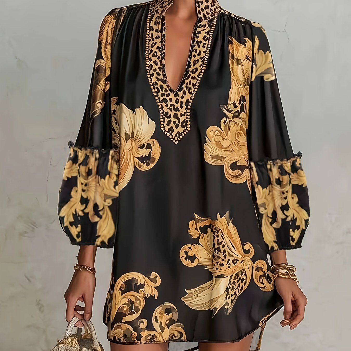 TEMU Mini-robe et tendance à imprimé vintage avec col en V pour femmes