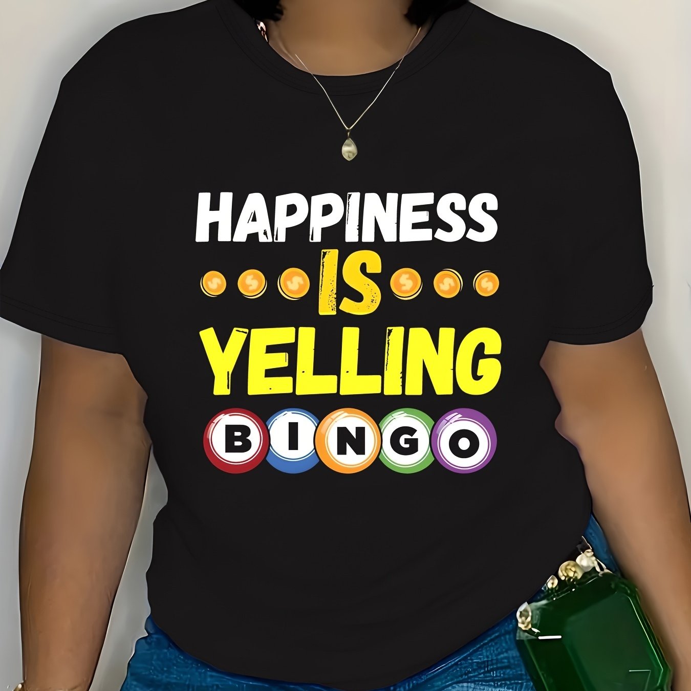 TEMU Plus Size - Women's Bingo-inspired Graphic Print " Yelling Bingo" Casual Crew Neck Short Sleeve Top, Spring Fit 210g, Comfortable Machine