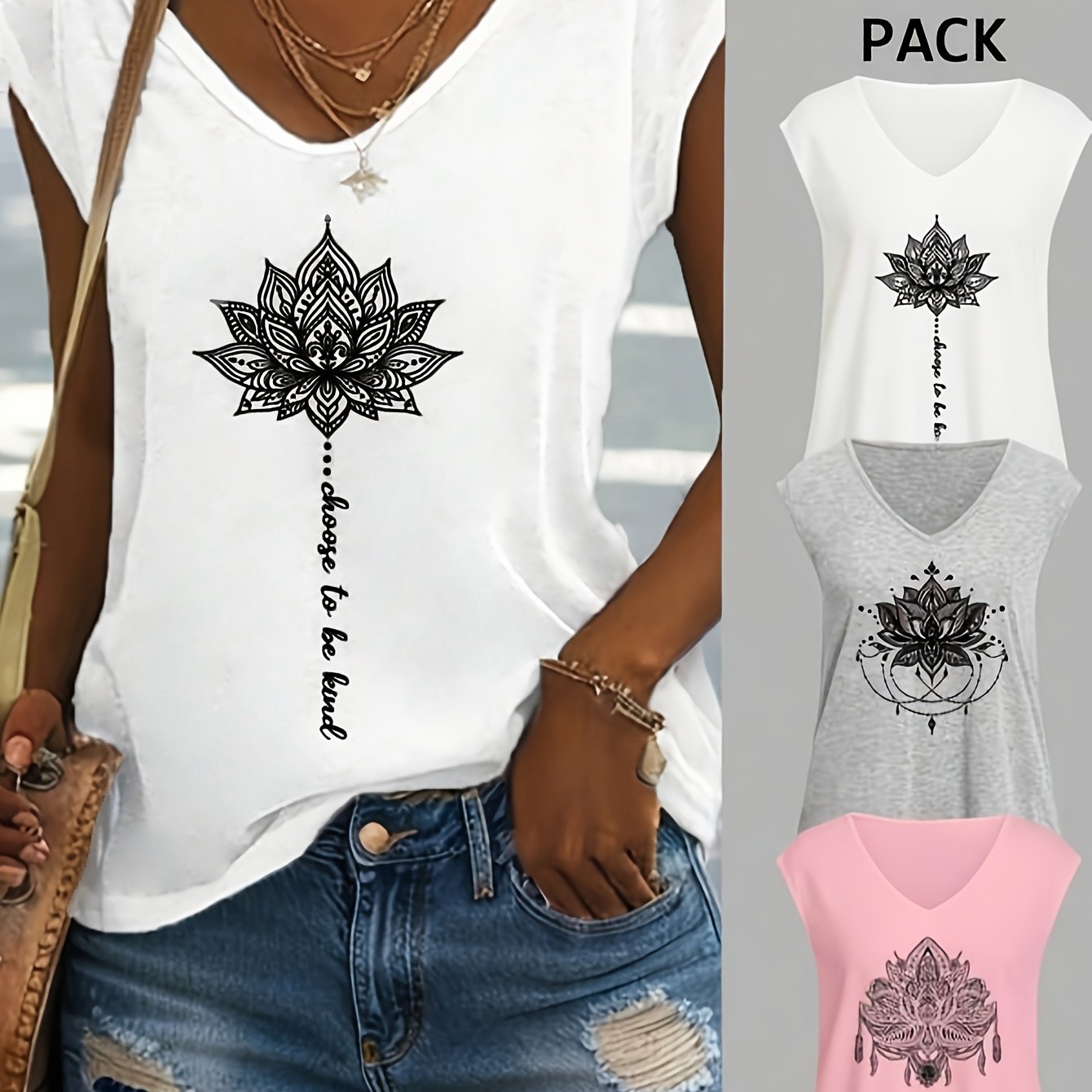 E-shop 3er-Set Damen Sommer Tanktops ohne Ärmel mit Lotus- und Design-Motiven und V-Ausschnitt