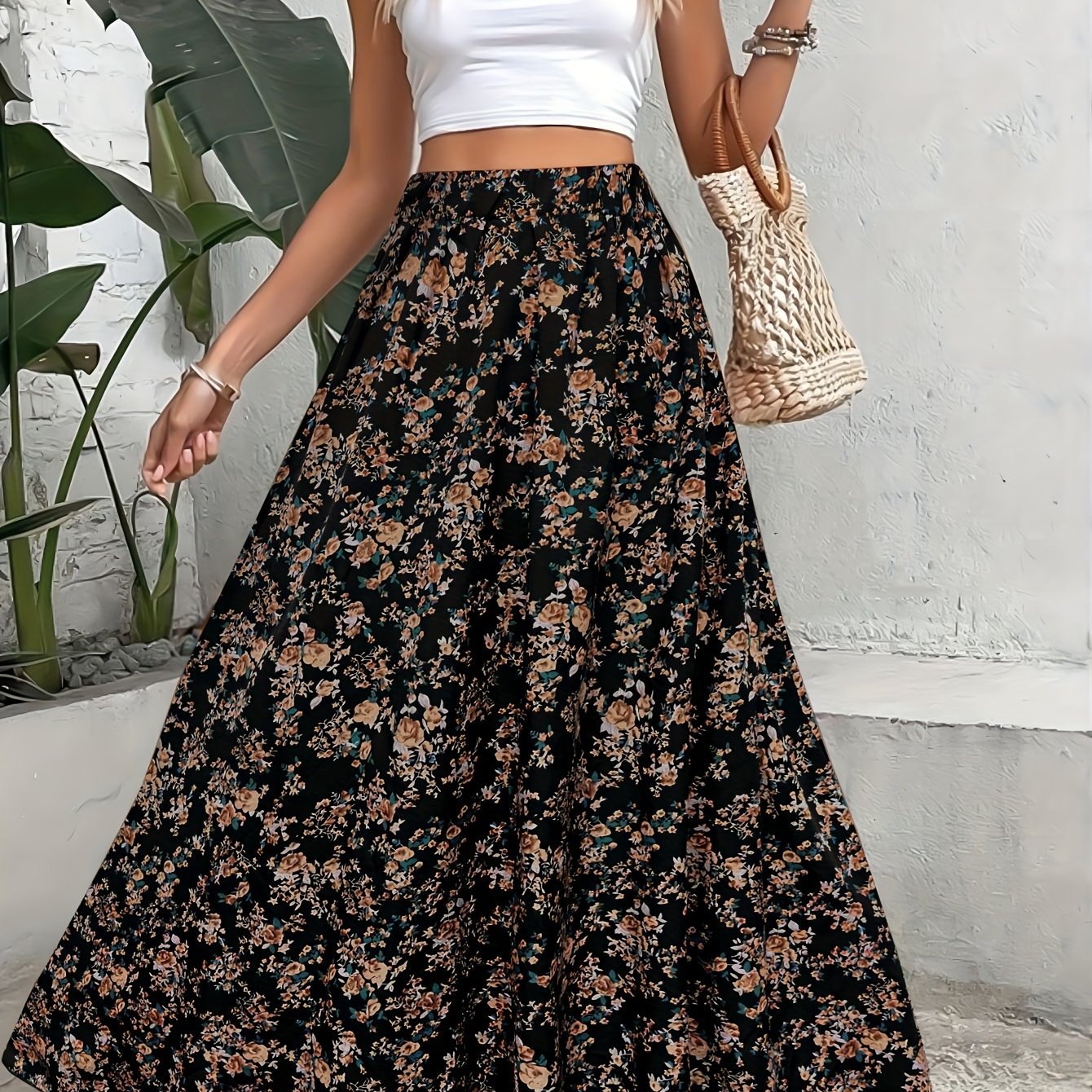 Plus Size, Plus Size Women's Floral Print Stretch Waist Skirt