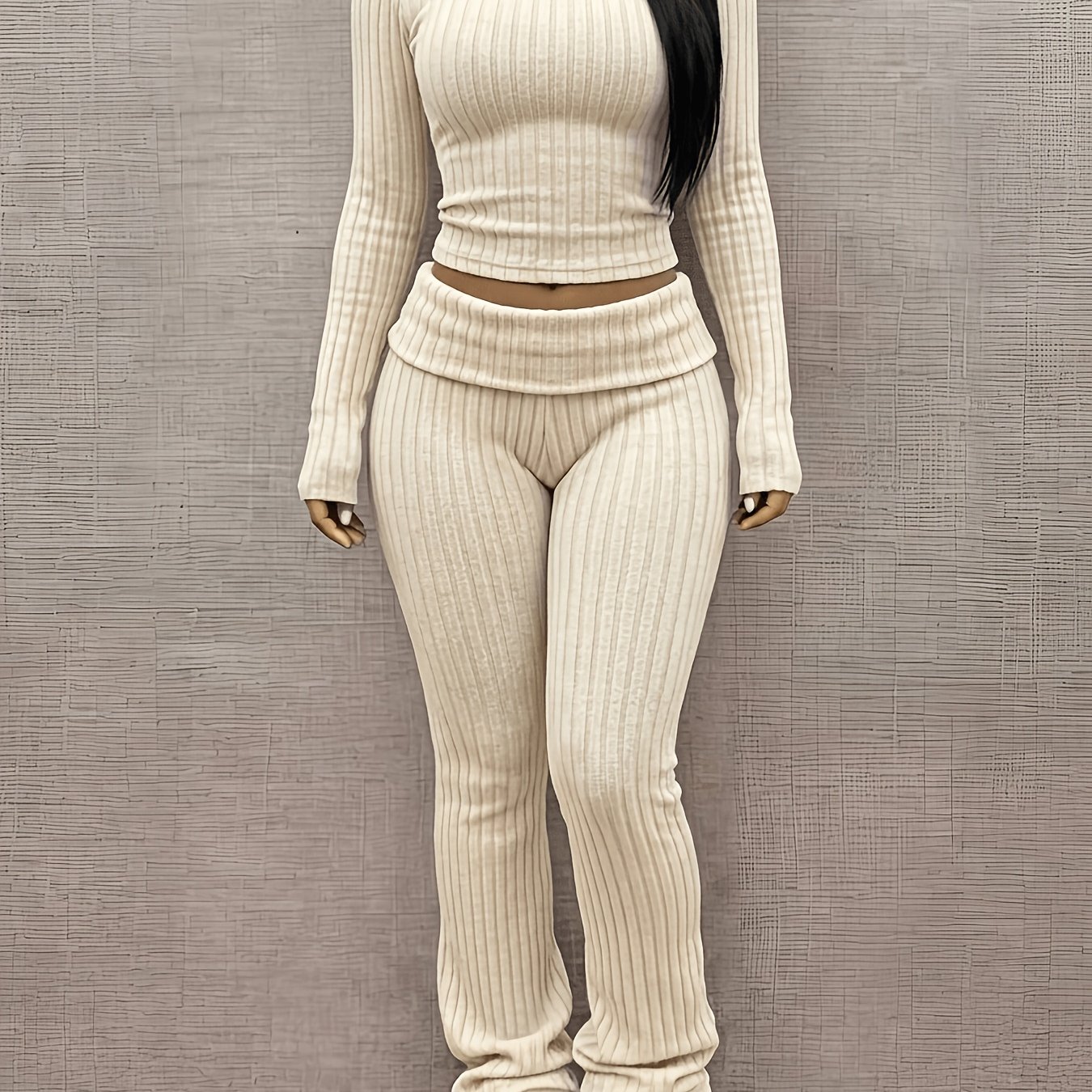 TEMU Ensemble 2 pièces pour femmes YY260727100 : Haut uni slim à col rond et manches longues côtelées, et pantalon long de du ventre
