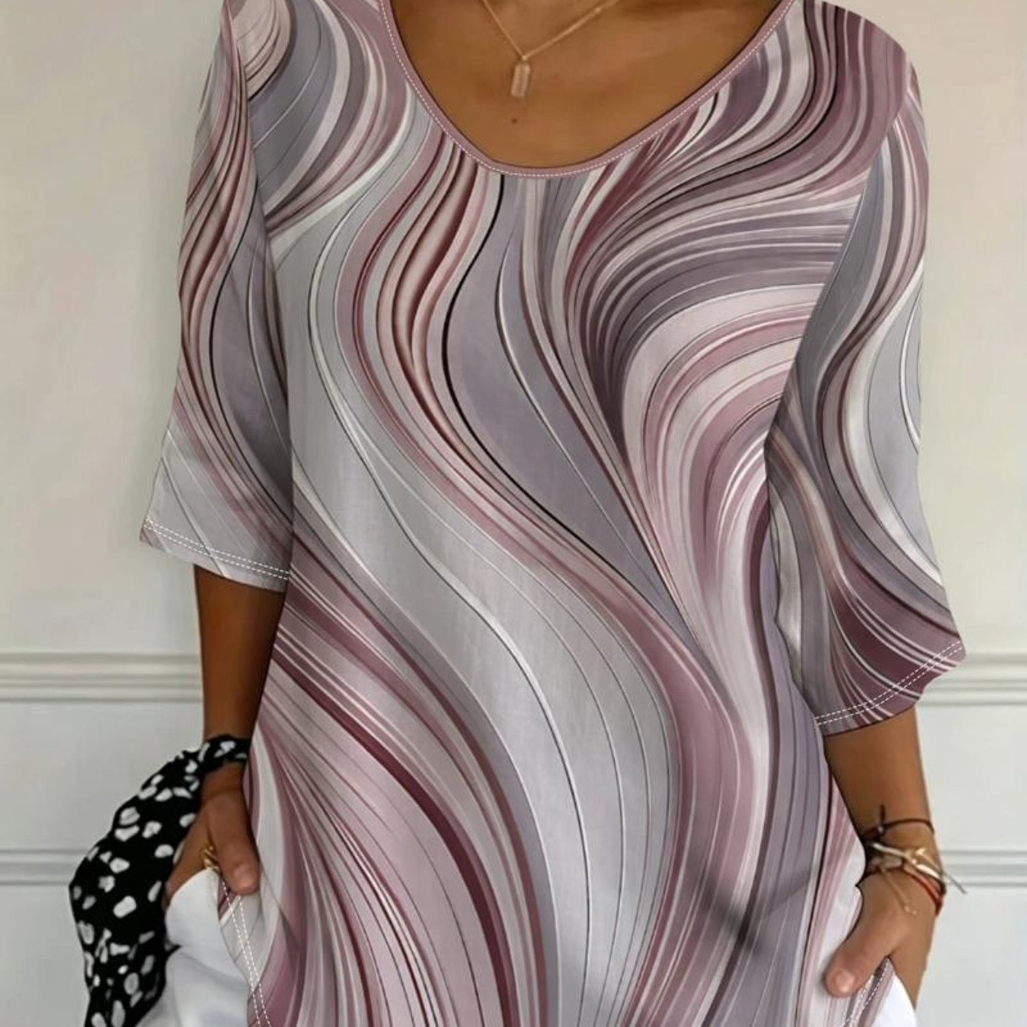 TEMU Women's Tops, Available In Mixed Colors And Multiple Sizes, With Abstract Wave Pattern, Tones, Stylish And Comfortable, Suitable For Daily Wear,