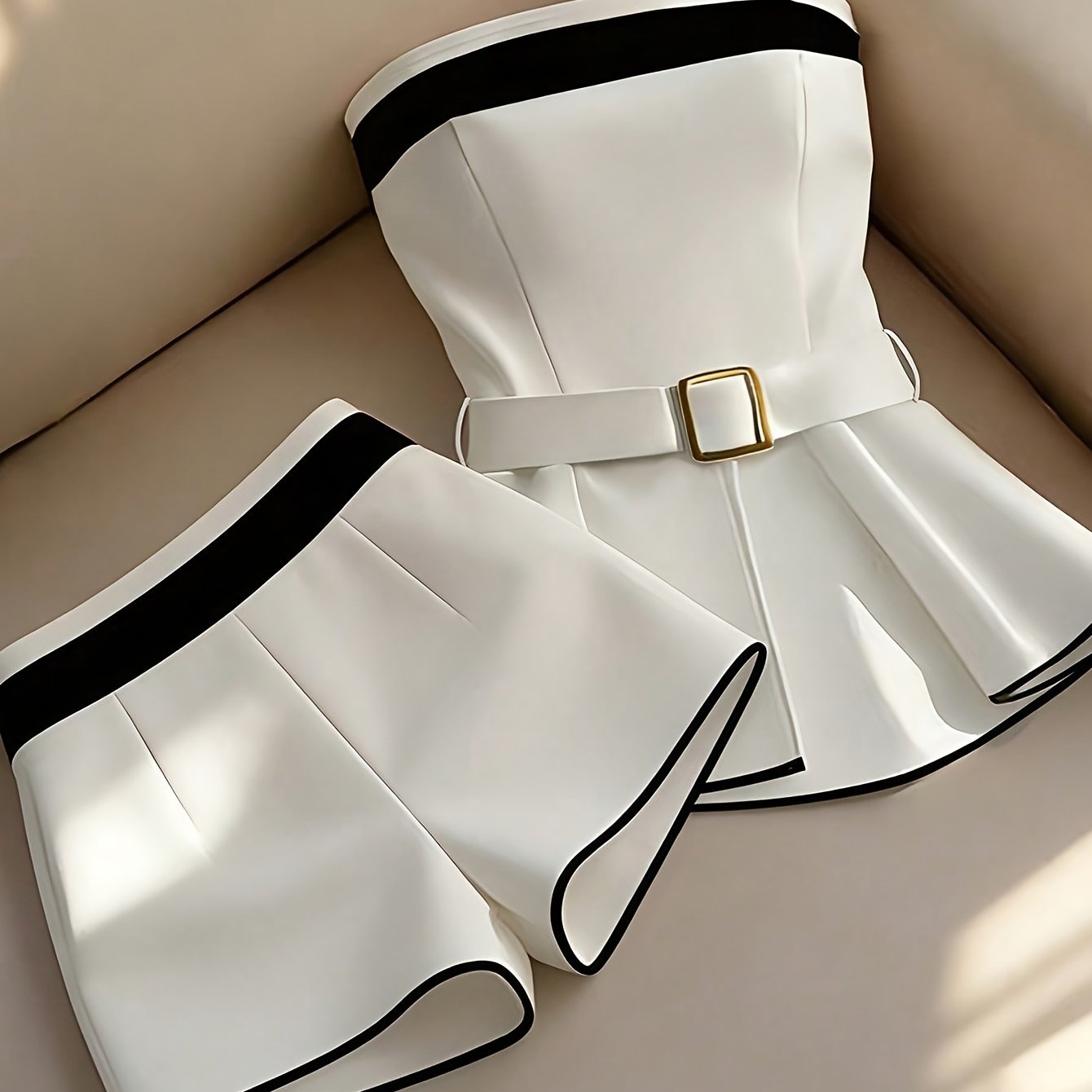 TEMU Elegant Casual Contrast Tie-strap Top And Shorts 2pcs Set Spring/summer Style