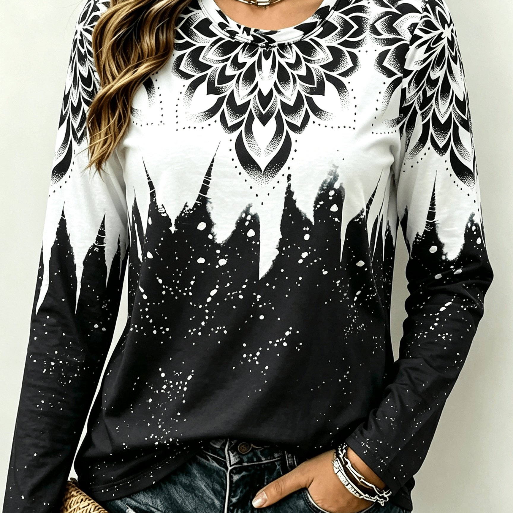 TEMU Women's Spring/autumn Long-sleeve T-shirt, Fashionable Black And White Contrast , Round Neck Casual Top, Comfortable And Soft Fabric