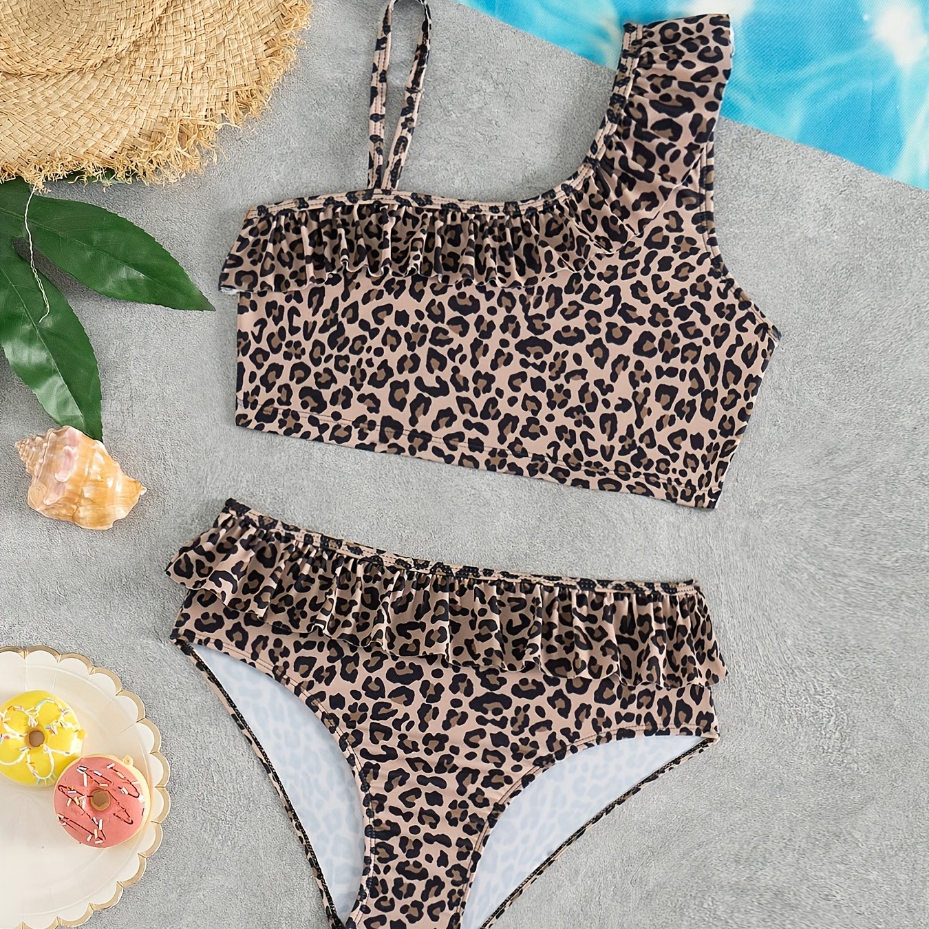 Image of Girls 2pcs Swimwear Leopard Print Bikini Set Asymmetrical Neck Bathing Suits Summer Girls Split Beach Wear