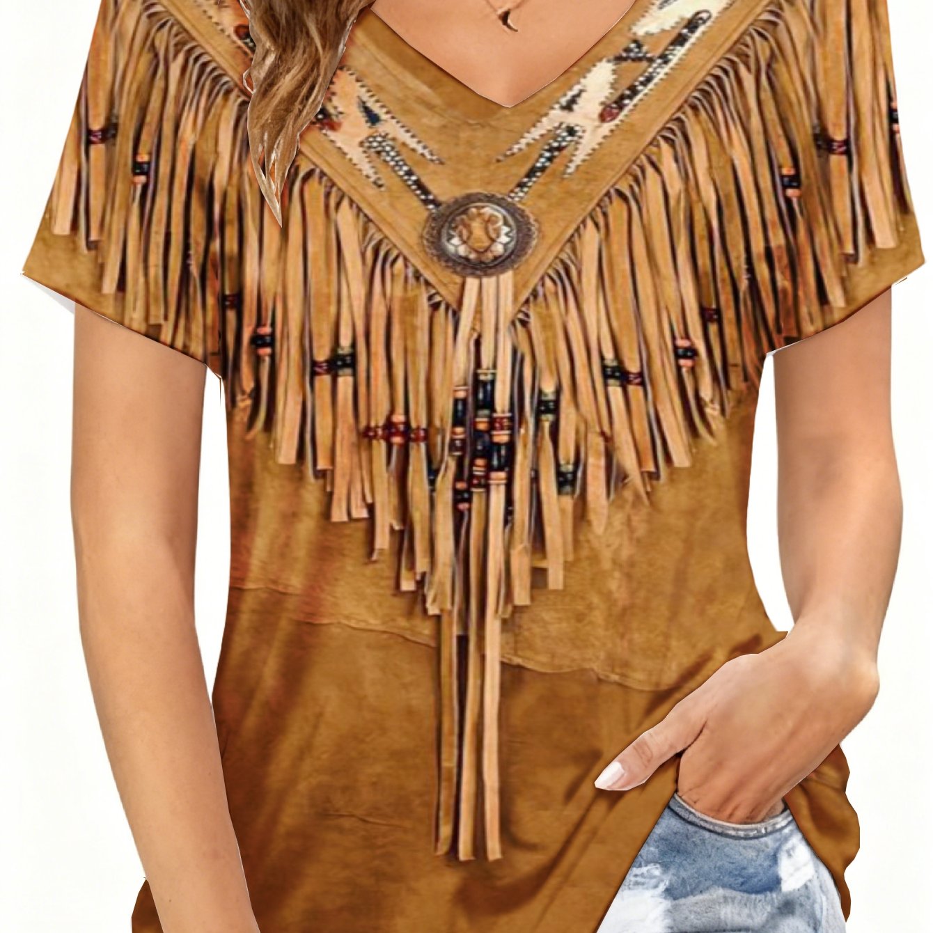 Image of Plus Size, Western-style Tassel T-shirt, Brown Tribal Print And Bead Decoration Design, Suitable For Casual Wear, Sizes 0xl-9xl