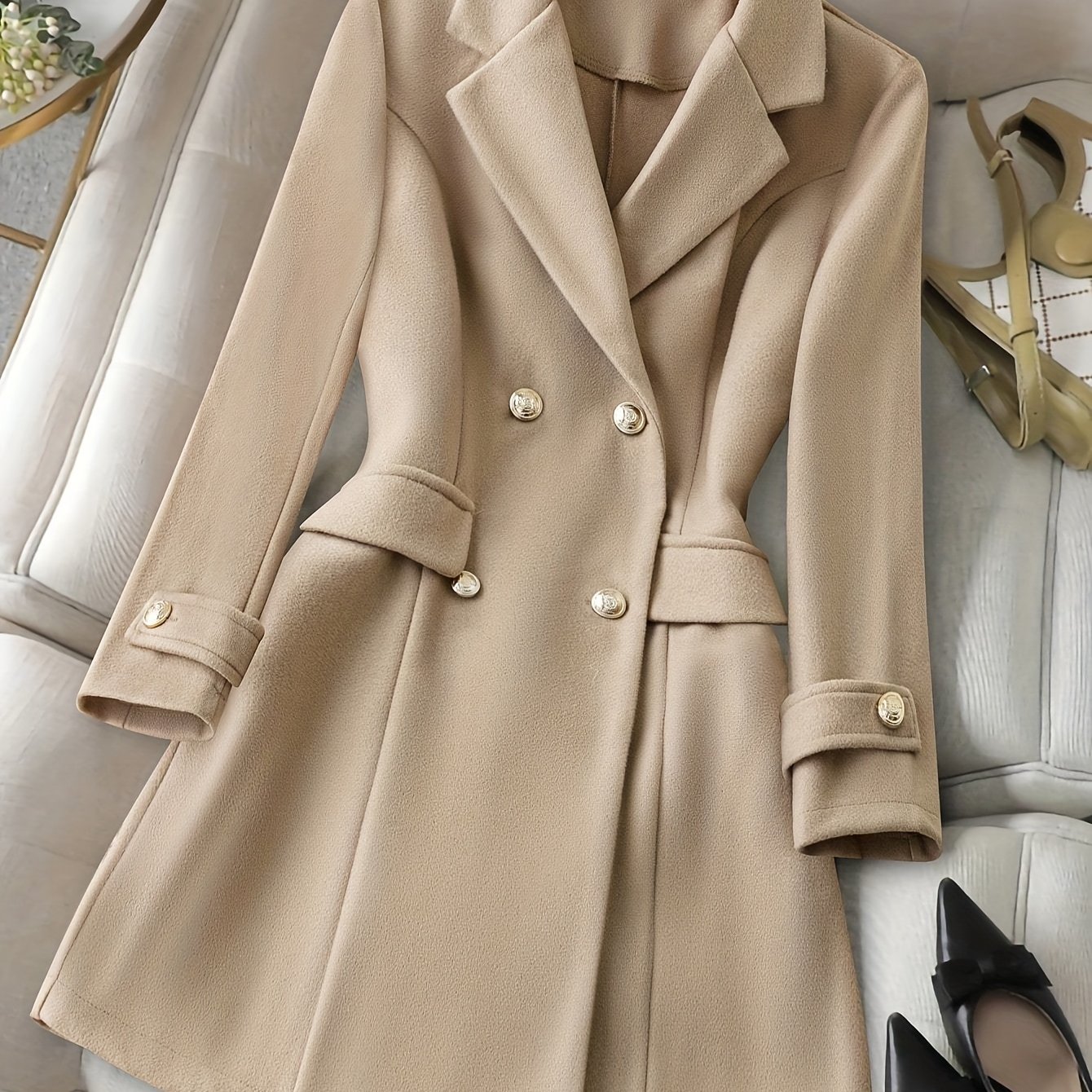 E-shop Damen Beige Doppelreißverschluss Tweed Mantel, Reverskragen Langarm Knopfdetail, Elegante Mittellange Winterjacke, Freizeit- und formelle