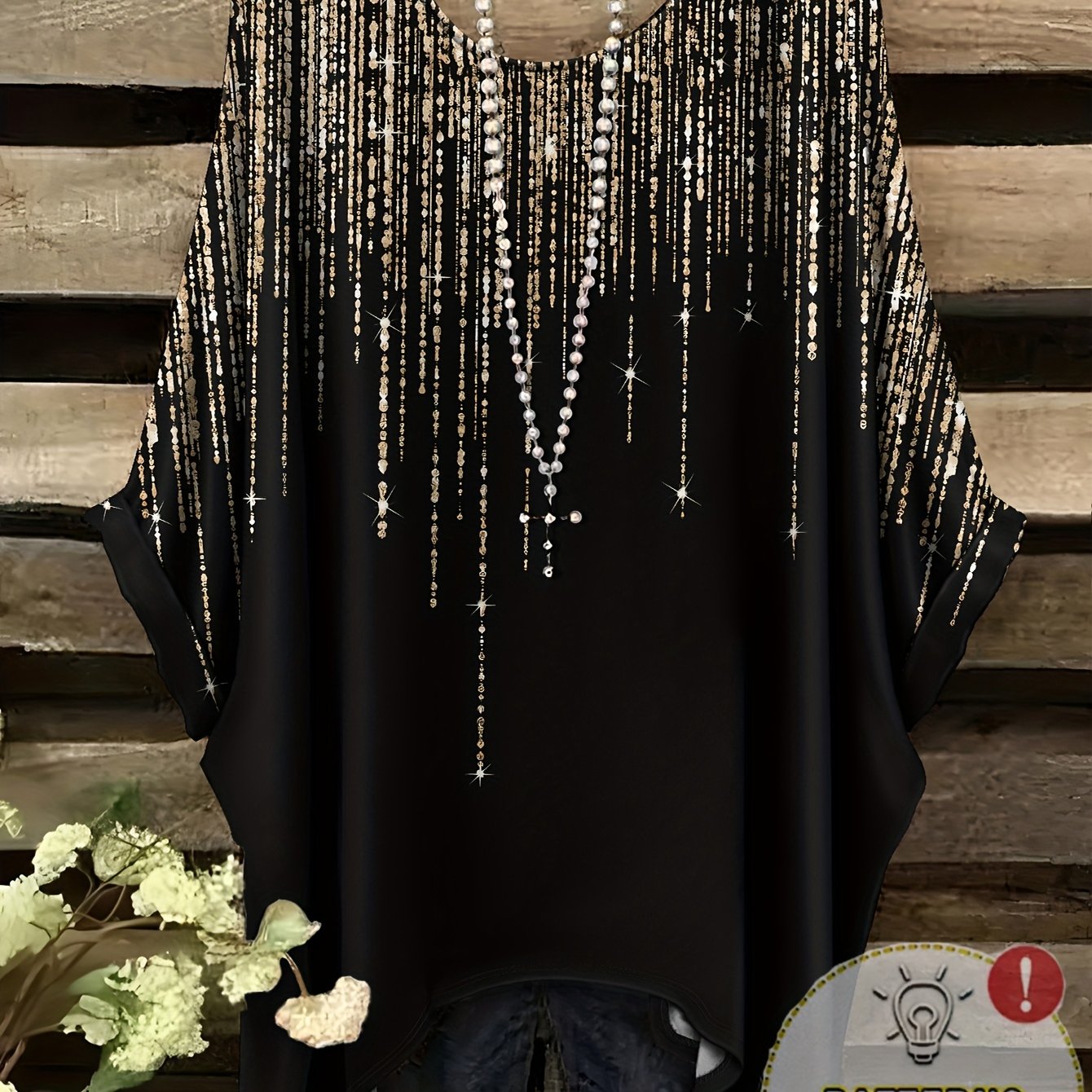TEMU Plus Size - Plus Size - New Plus-size Short-sleeve T-shirt Featuring A Black And Golden Meteor Pattern With Diamond-, Designed For A Casual Yet