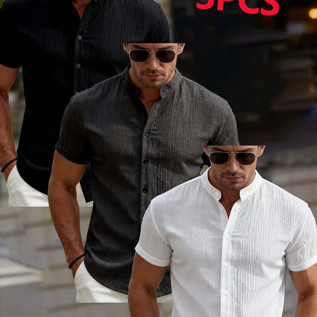 TEMU 3pcs Meobm Men's Summer Short-sleeve Shirts - Lightweight Breathable Button-up Stand Collar Solid Color Beach Shirts, Collar Button-front