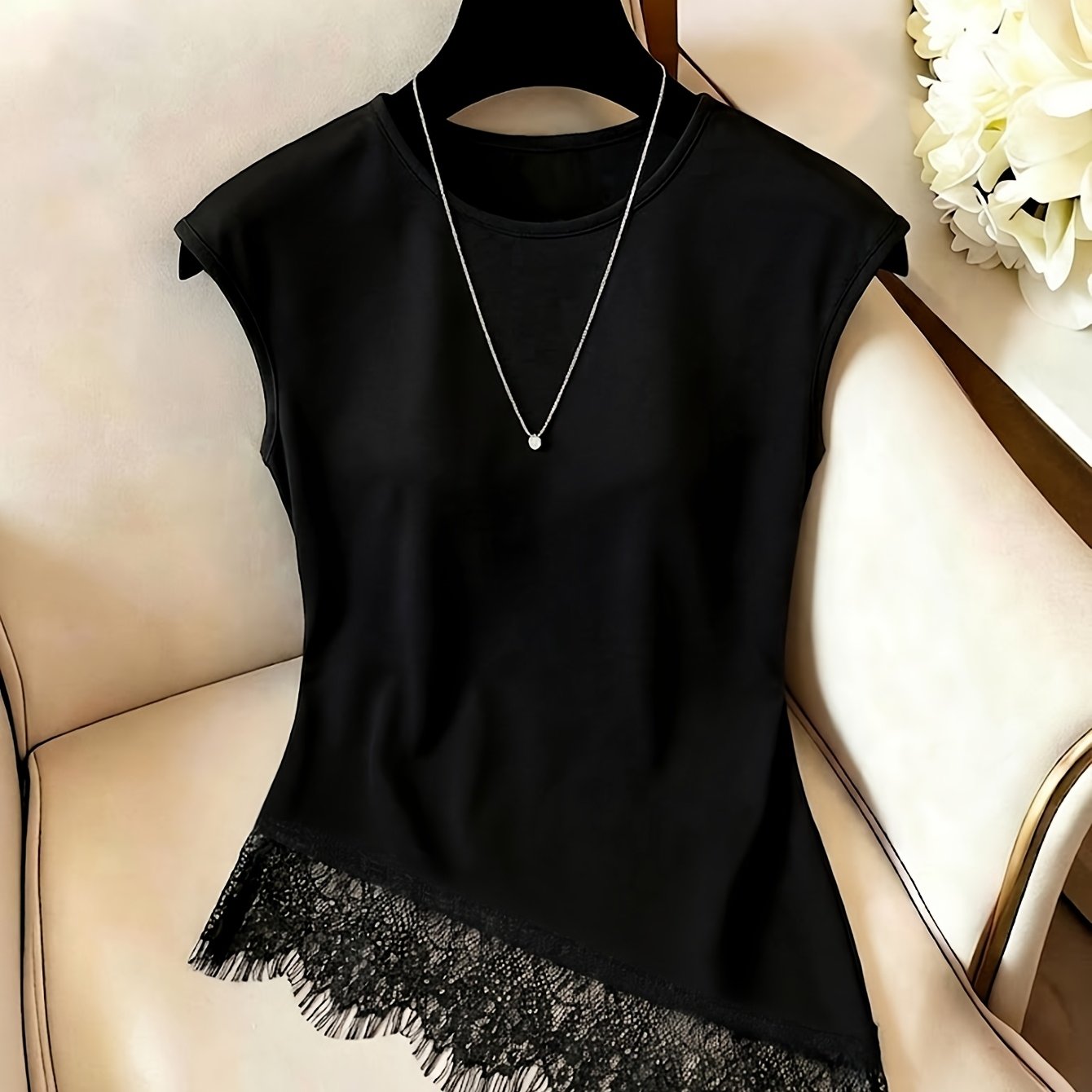 TEMU Irregular Lace Trim Round Neck Slim Tank Top