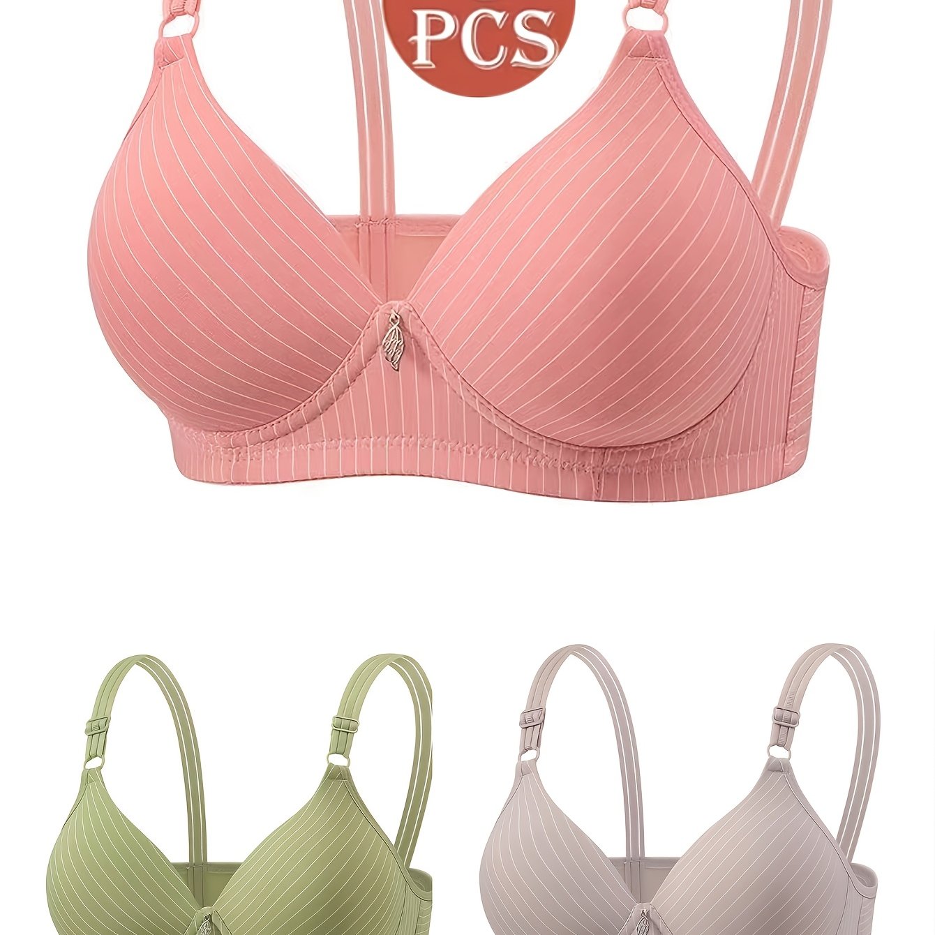 3-pack Women' Wireless Bras - Striped Push-up Bralettes, Breathable Everyday Lingerie