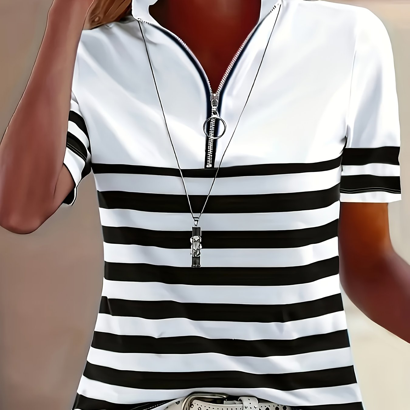 E-shop Frühlings-Sommer Damen Kurzarm T-Shirt mit Stehkragen, gestreiftes Top mit Reißverschluss-Design