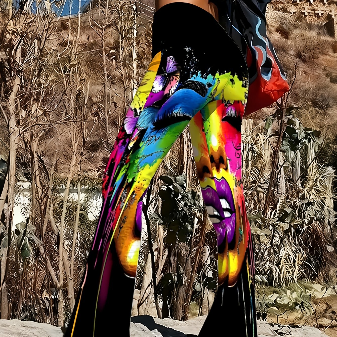 TEMU Women's Casual High-quality Printed Flared Pants, Tight Fit, Slim And, Colorful Floral Abstract Geometric Pattern Print, Medium-elastic Durable