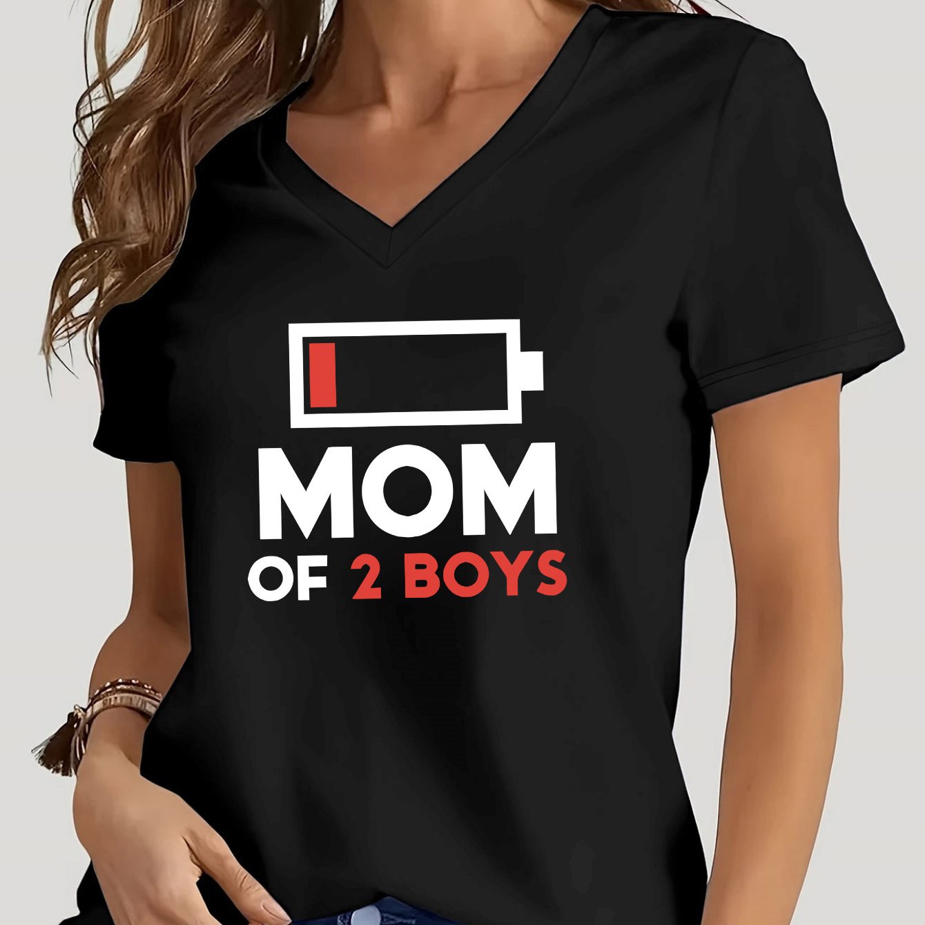 TEMU Women's Casual V-neck T-shirt With "mom Of 2 " Letter Print - Soft, Comfortable Fabric, Short Sleeve, Casual Attire, Black, Everyday Tshirt |