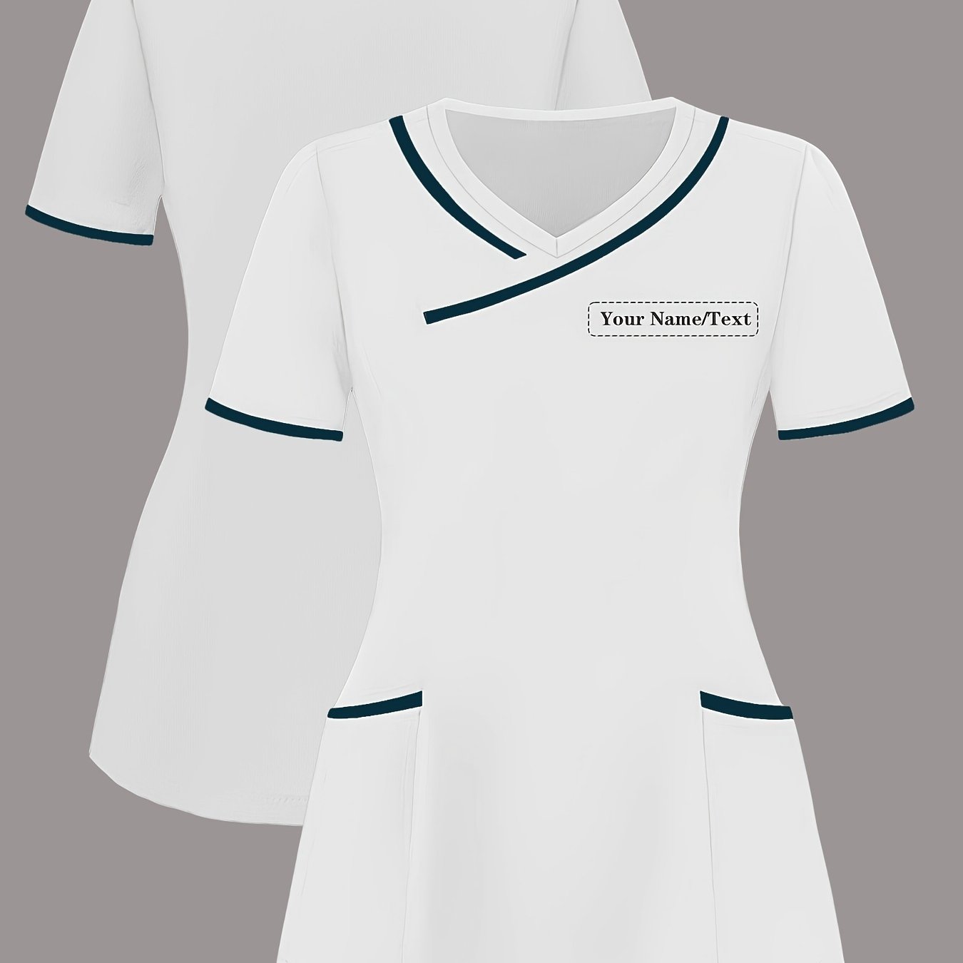 TEMU Haut T-shirt Personnalisable à Col en V et Poches, Color-Block, pour Uniforme de Femme, Personnalisable avec Nom ou