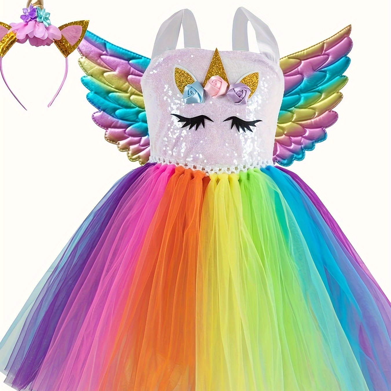 HHHC Costume de licorne pour filles arc-en-ciel Tutu habiller avec licorne  bandeau aile tenue princesse Cosplay cadeau de fête d'anniversaire 