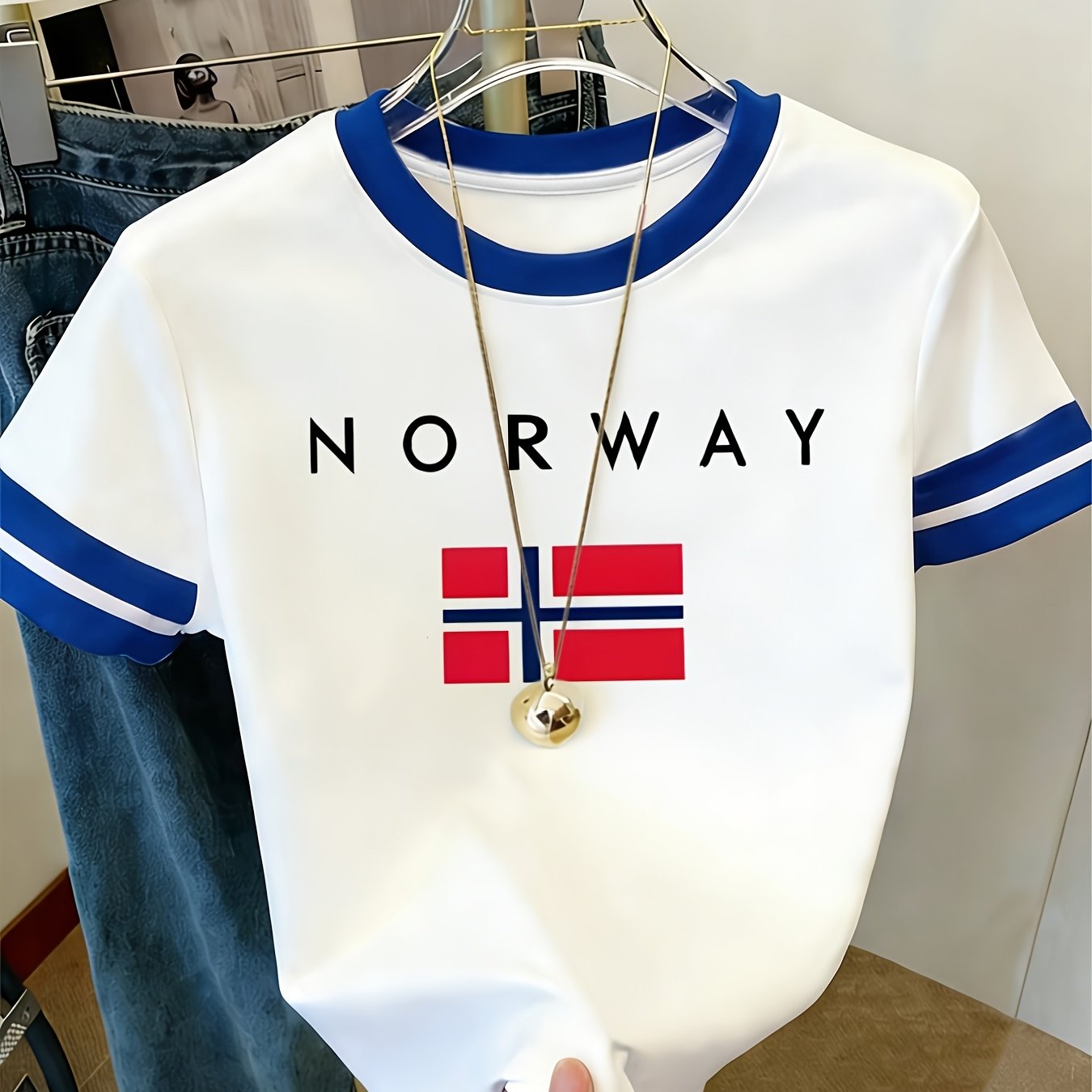 TEMU And Summer -block T-shirt Featuring 'norway' , With Contrasting Striped Sleeves And A Round Neck. This Breathable Casual Top Has A Loose Fit