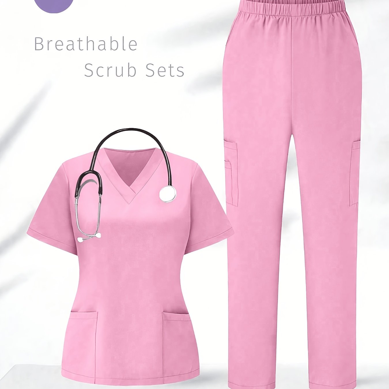 TEMU Women Solid Color V-neck Short Sleeve Top With Pocket And Elastic Waist Long Pants Nurse Uniform Scrub Set